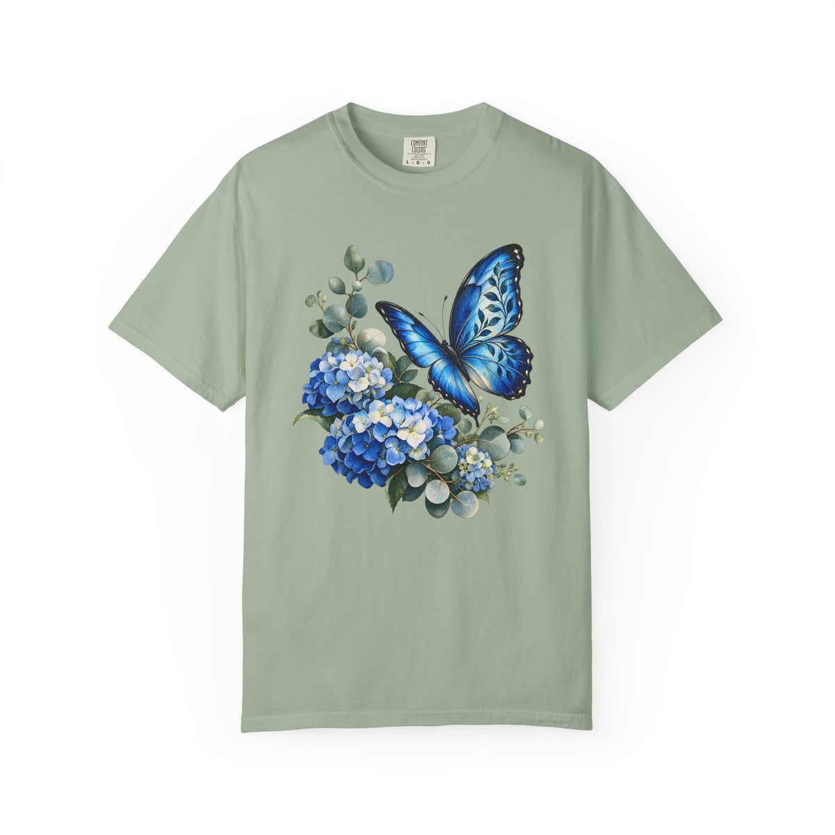 Blue Morpho & Hydrangea T-Shirt — Garment-Dyed Cotton