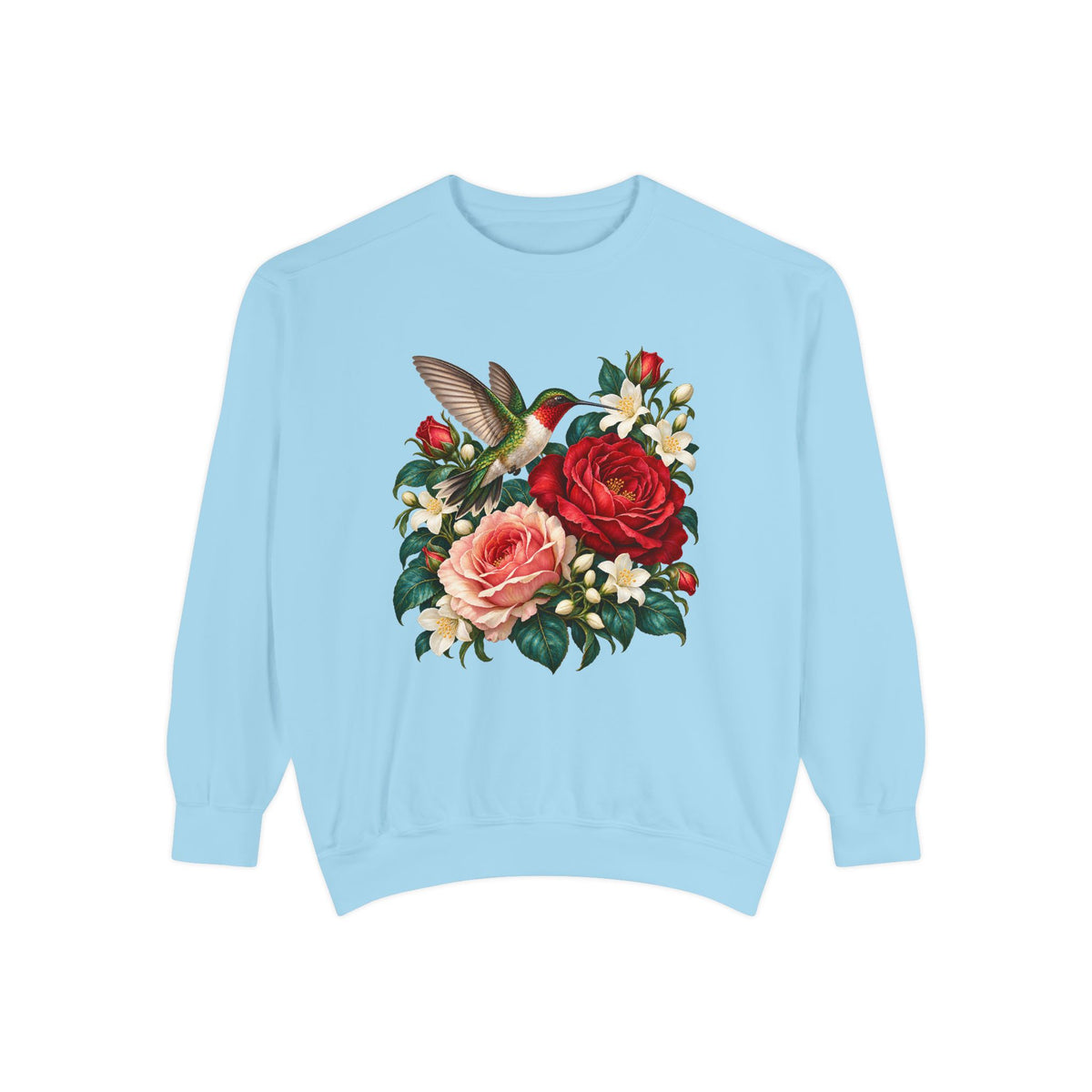 The ruby-throated hummingbird and roses illustration on a garment-dyed Comfort Colors 1566 crewneck sweatshirt