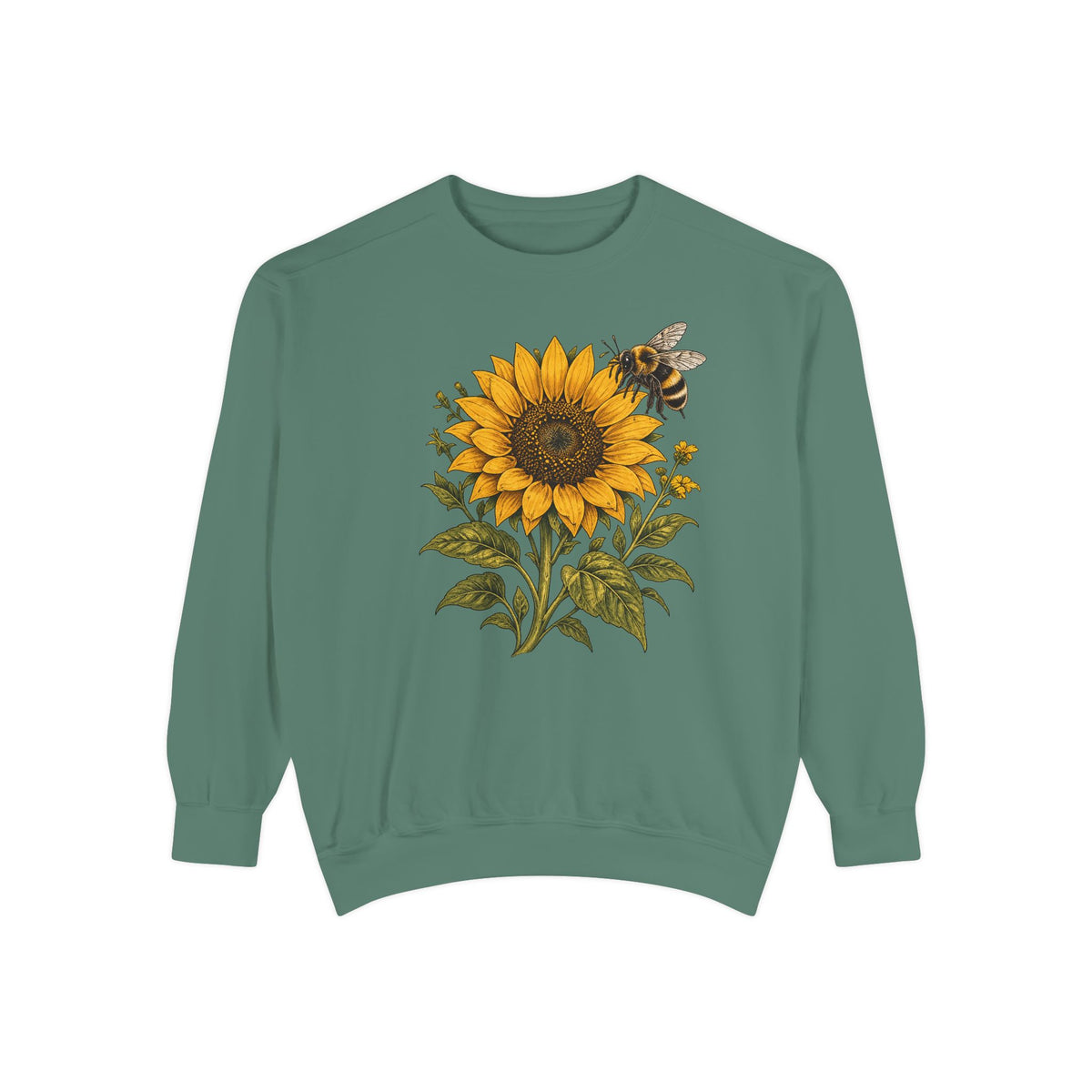 Sunflower and bumblebee sweatshirt in Light Green, a soft sage garment-dyed Comfort Colors 1566 crewneck with a golden sunflower and hovering bumblebee