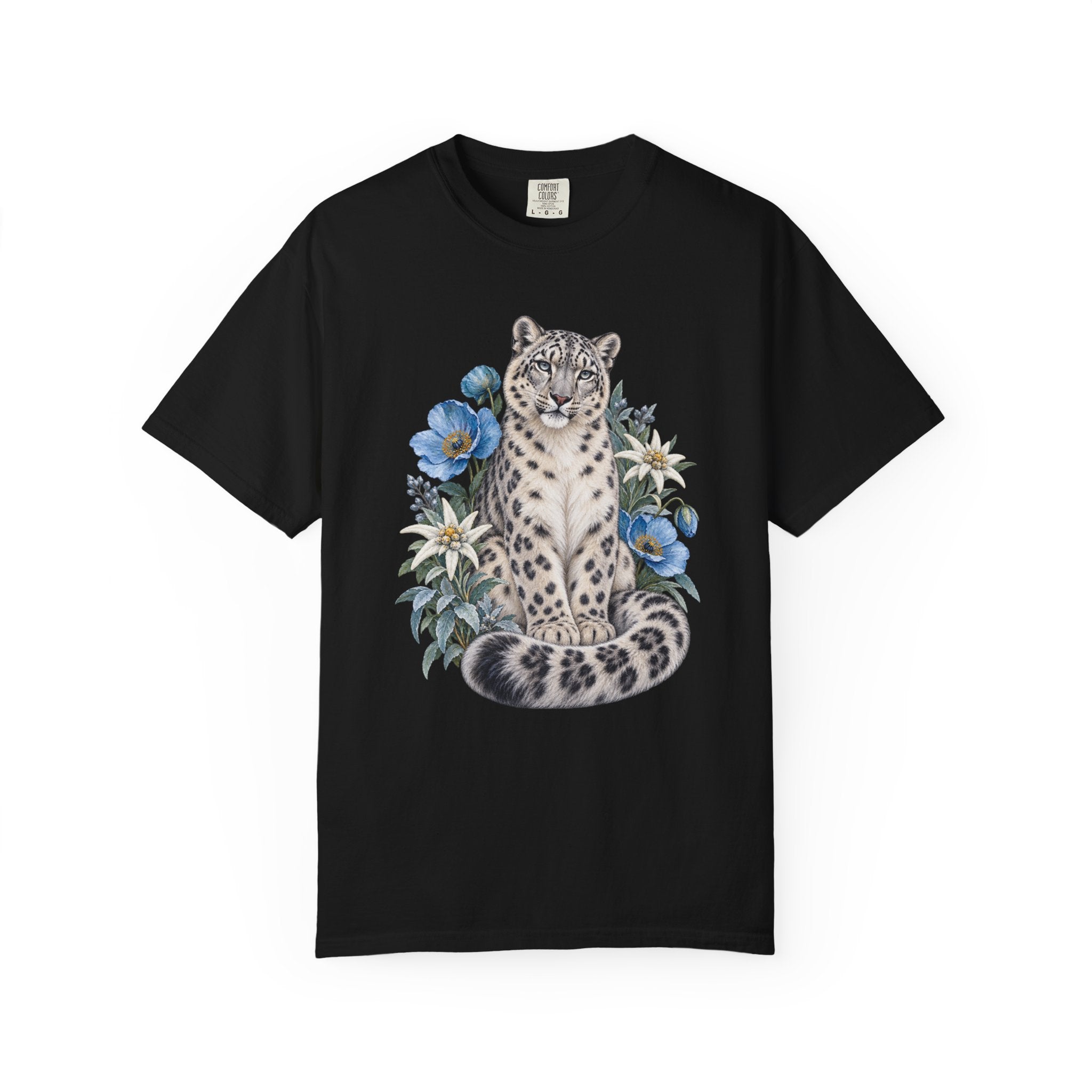 Snow Leopard & Blue Poppy T-Shirt — wildlife and wildflower artwork on cotton