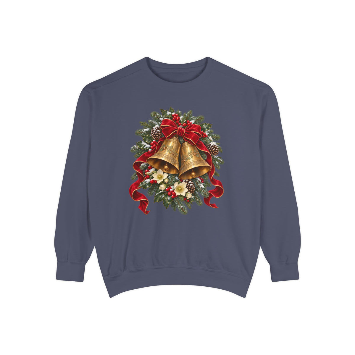 Vintage Christmas bells sweatshirt in Denim, front view