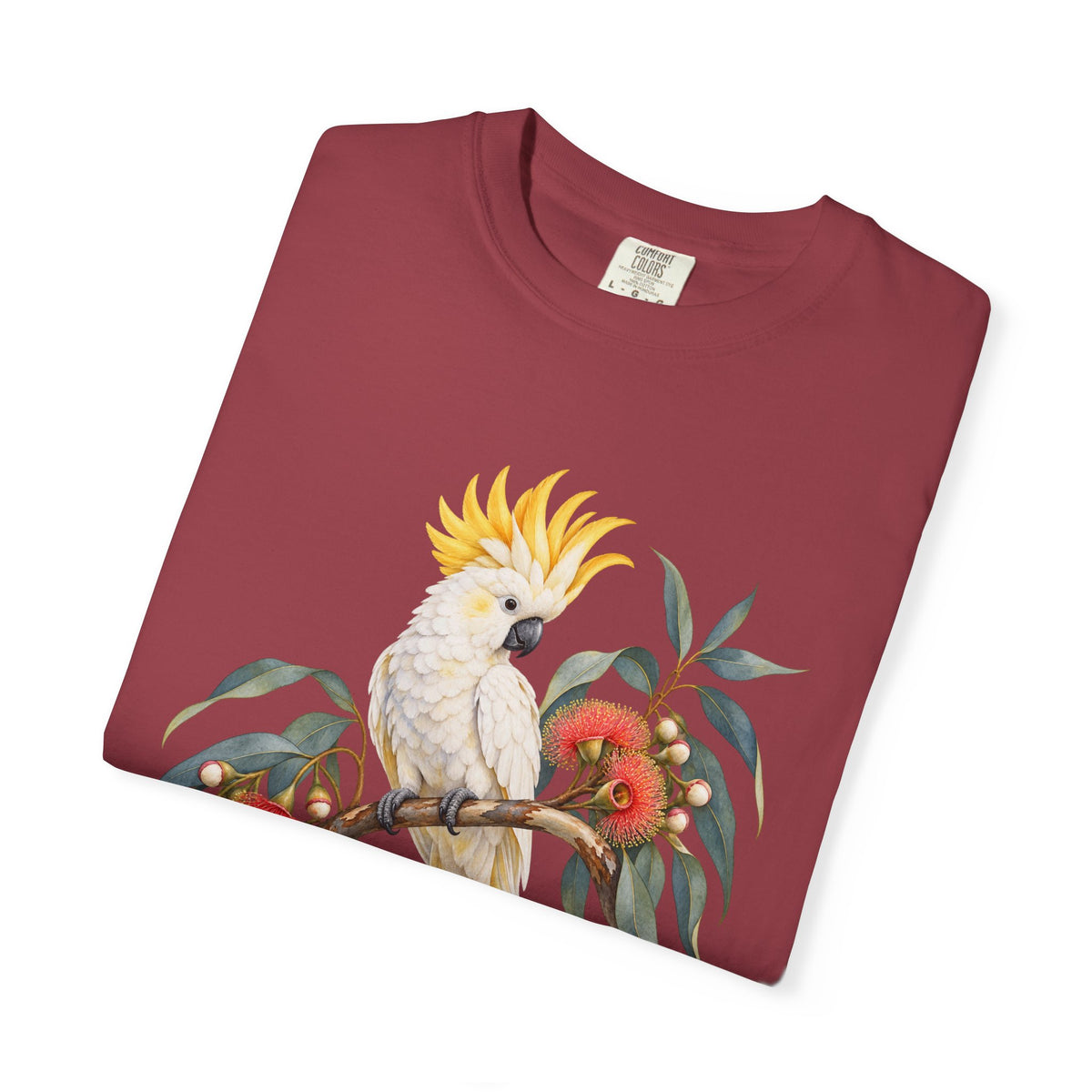 Cockatoo & Gum Blossom T-Shirt — relaxed fit, modelled front