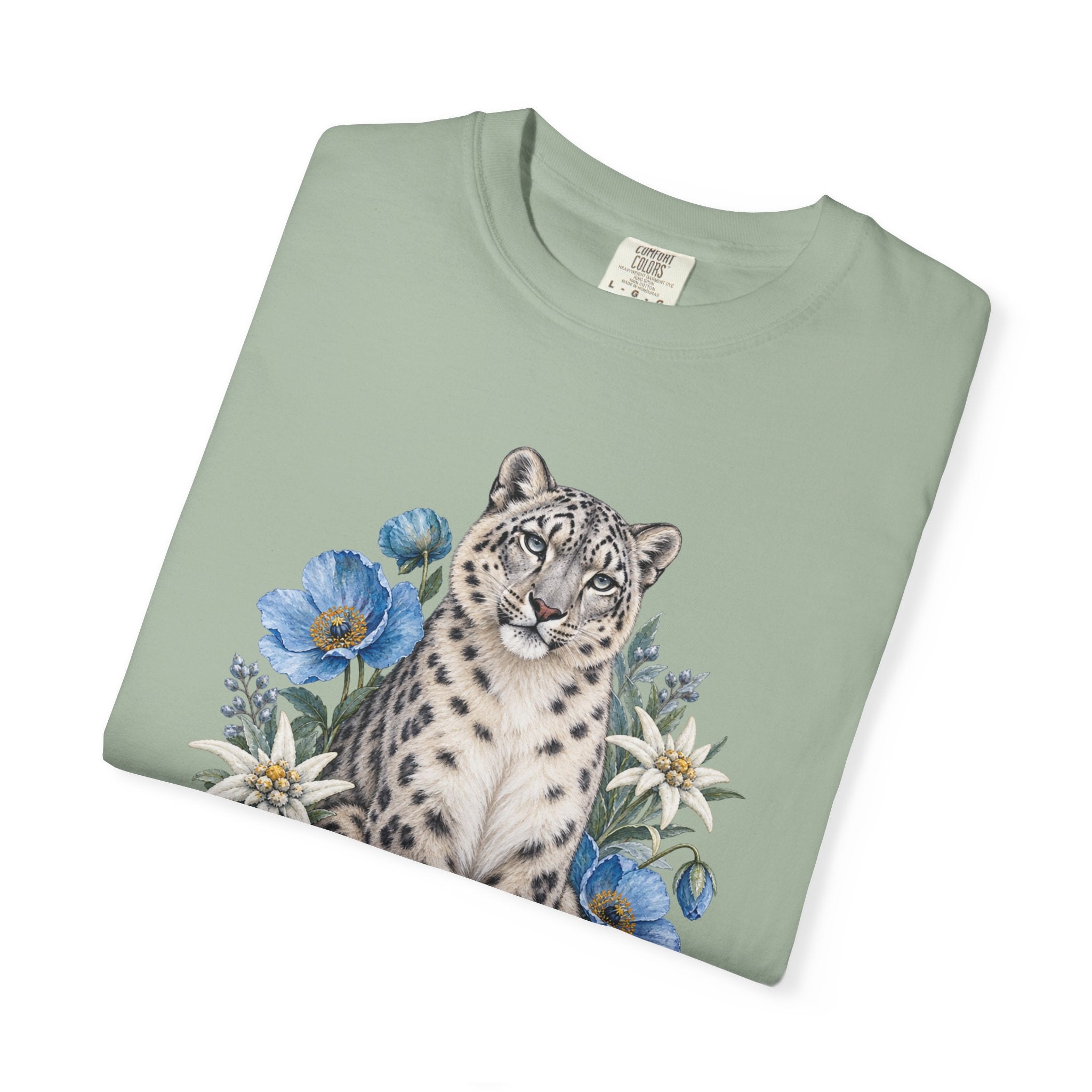 Snow Leopard & Blue Poppy T-Shirt — front view, everyday wear