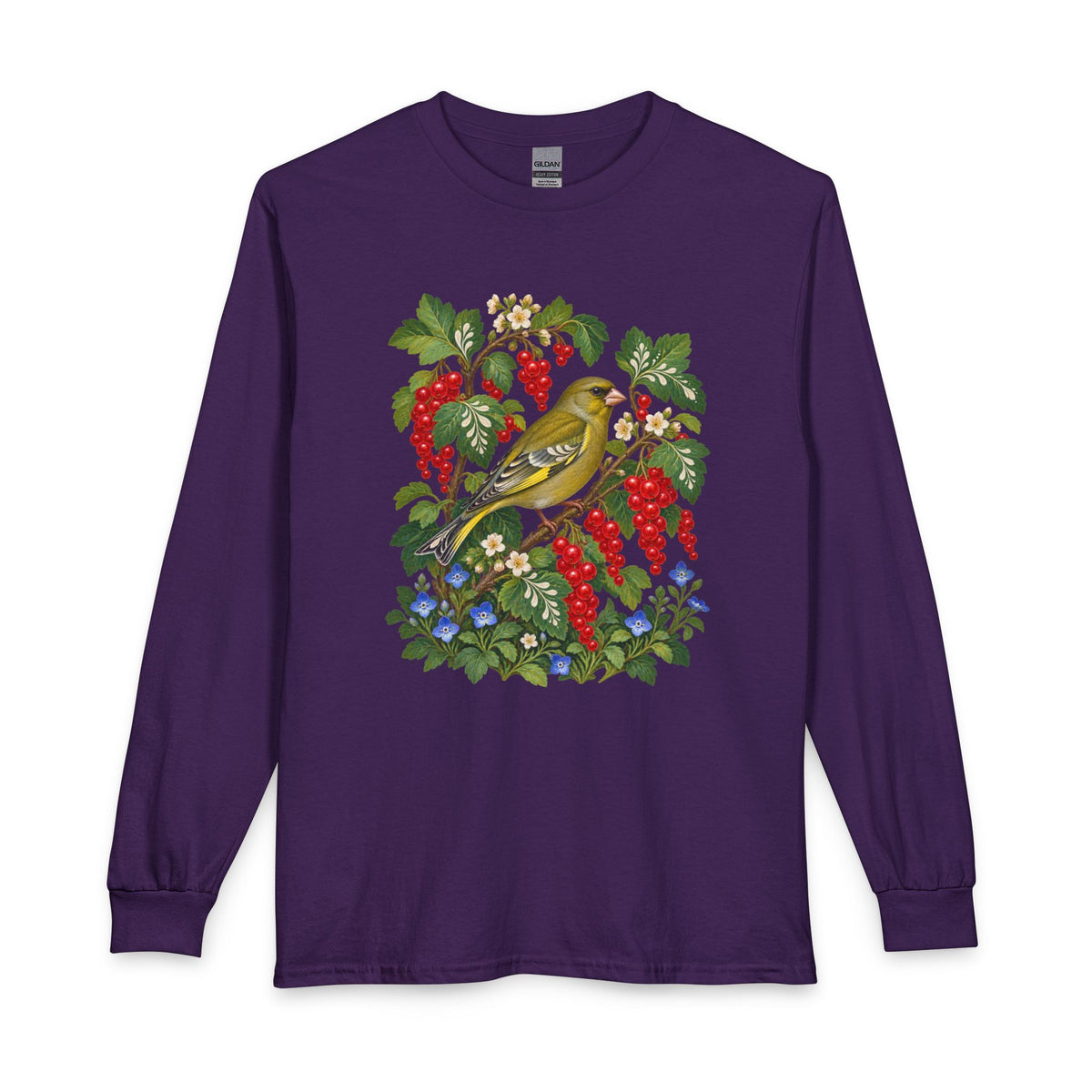 Red Currant & Songbird Long-Sleeve T-Shirt — botanical bird and berry design shown on a long sleeve tee