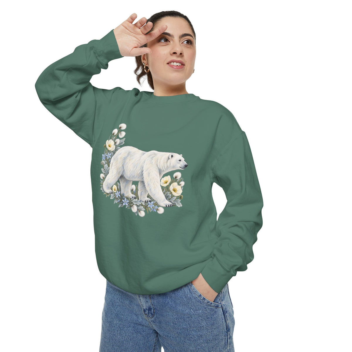 Polar Bear & Arctic Blooms Sweatshirt — Garment-Dyed Fleece