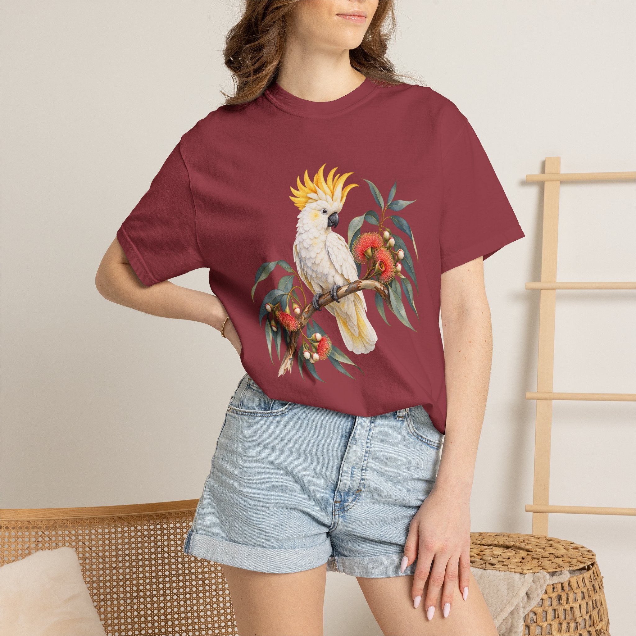 Cockatoo & Gum Blossom T-Shirt — gum blossom detail on garment-dyed cotton