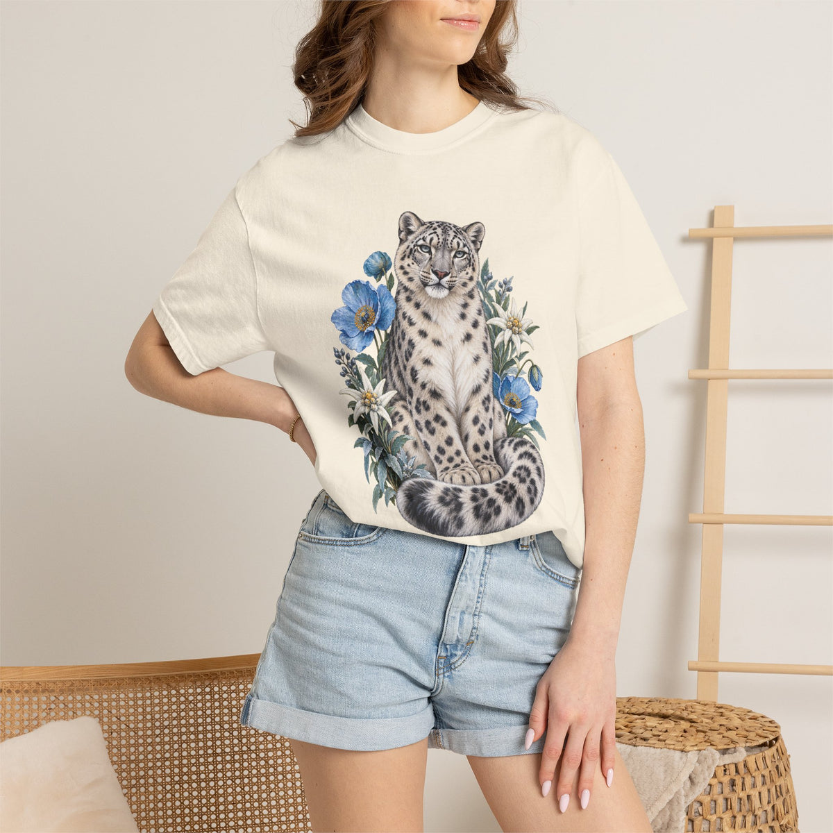 Snow Leopard & Blue Poppy T-Shirt — modelled front print