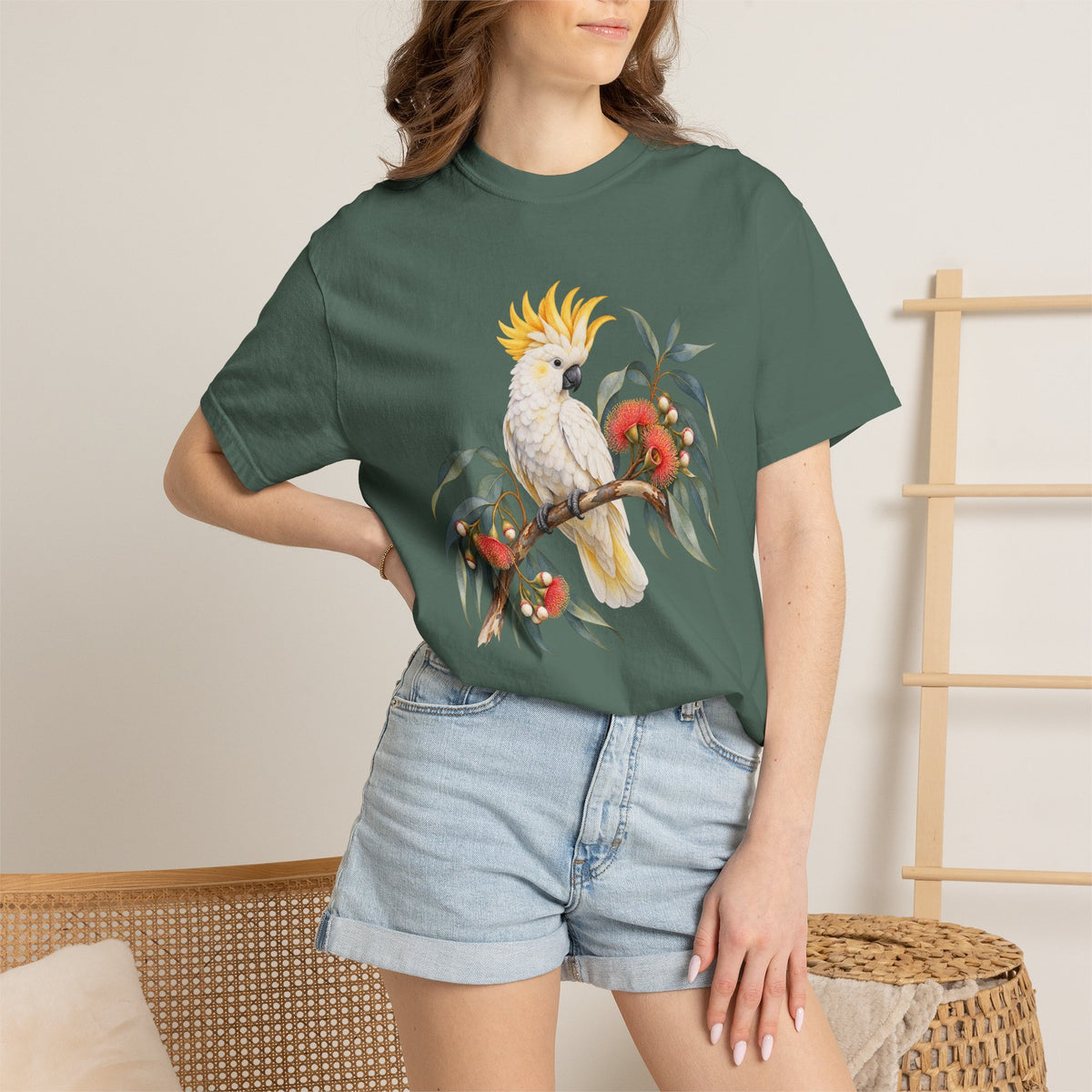 Cockatoo & Gum Blossom T-Shirt — front print detail