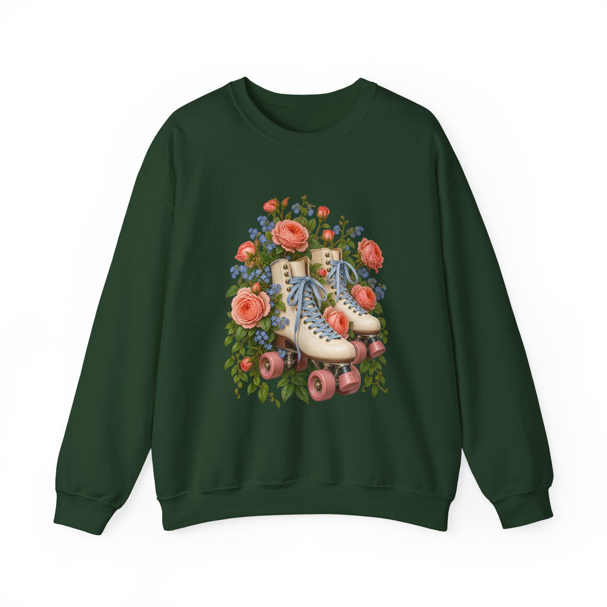 She Still Rolls crewneck sweatshirt, cream roller skates with blue laces and dusty pink wheels among coral roses, small blue flowers and trailing greenery, image 5 of 21
