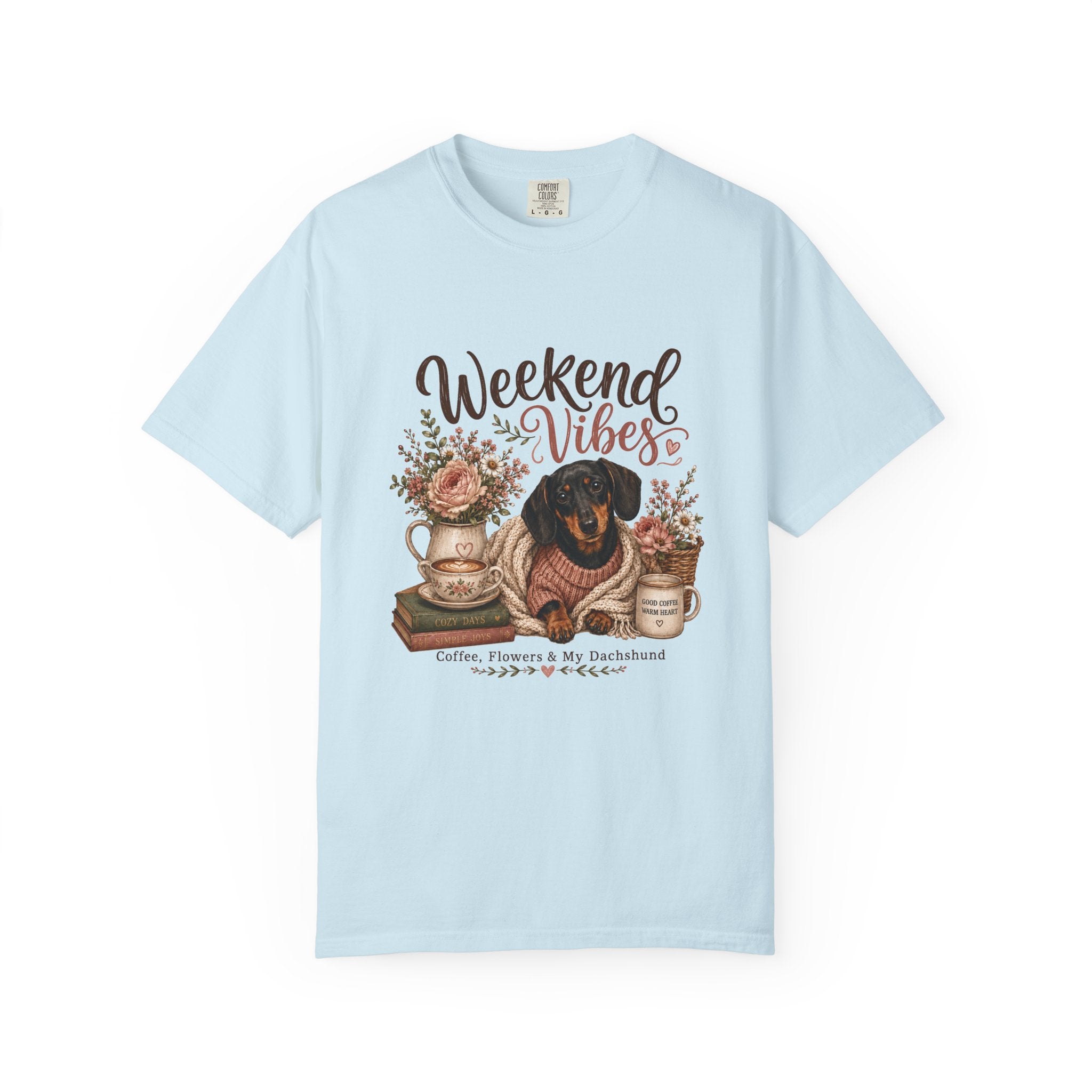 Weekend Vibes Dachshund Comfort Colors Shirt, Coffee Flowers Doxie Tee, Dachshund Mom Gift, Cozy Dog Shirt, Dog Lover Gift Her