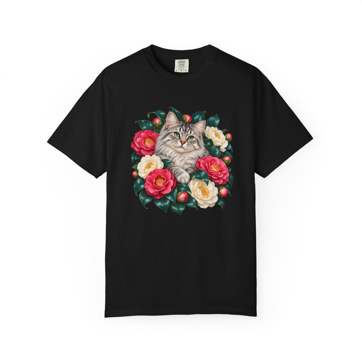 Silver tabby cat encircled by a camellia wreath - vintage botanical illustration printed large and centered on the chest, not a back print