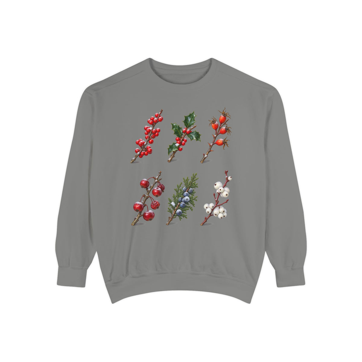 Winter Berries Study Sweatshirt in Grey - six watercolor berry sprigs with frost laid out like a botanical plate, printed on a garment-dyed Comfort Colors 1566 crewneck