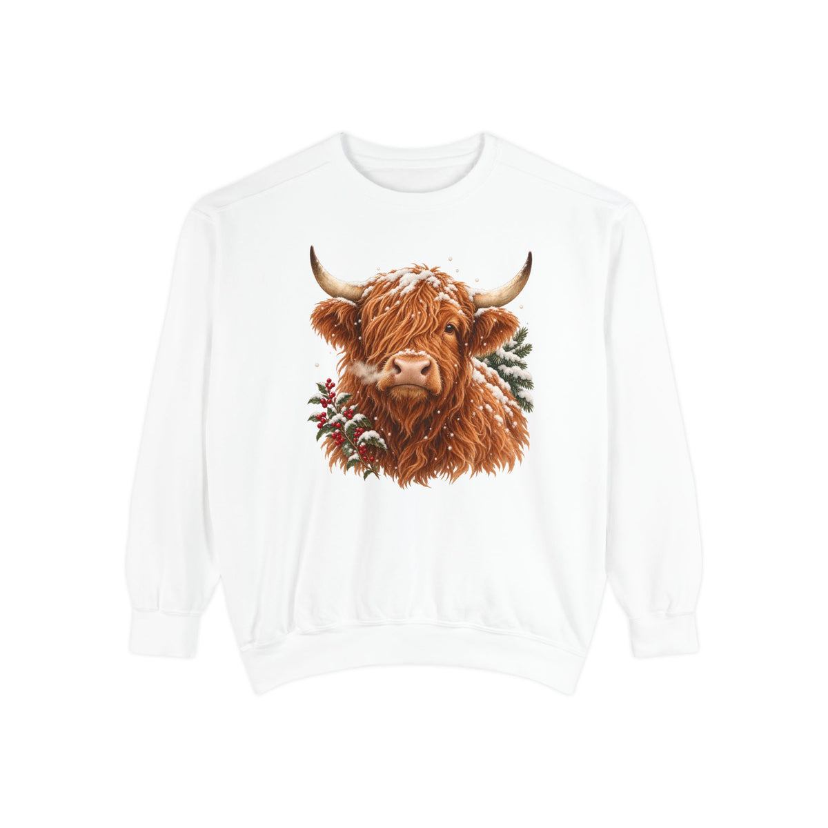 Highland cow sweatshirt in White – a shaggy ginger Highland cow with snow on its fringe, a snowy pine bough and red berries, painted vintage-poster style, printed large on the chest of a Comfort Colors crewneck