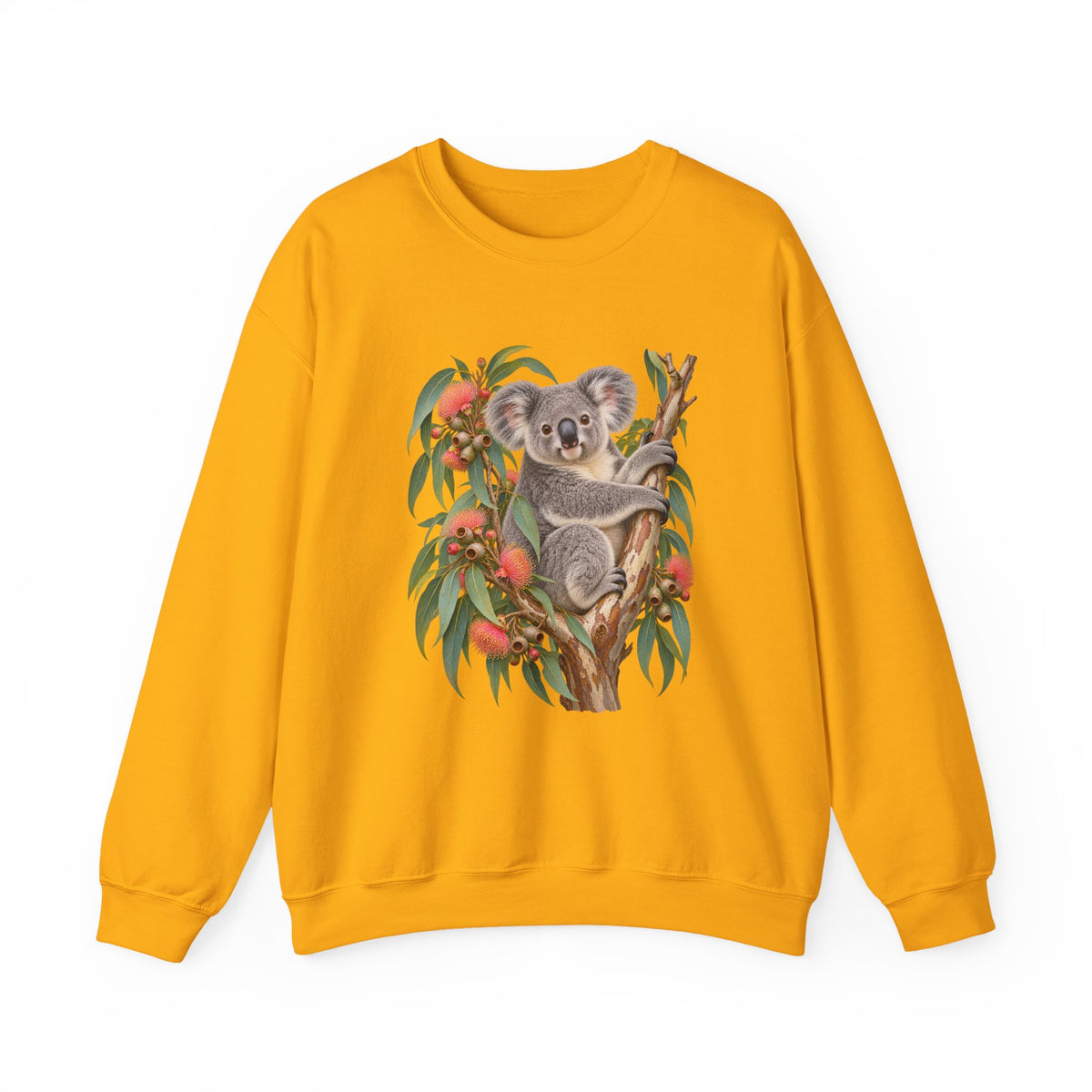 Booked for the Afternoon sweatshirt — a grey koala resting among eucalyptus leaves and coral-pink blossoms, on a unisex crewneck