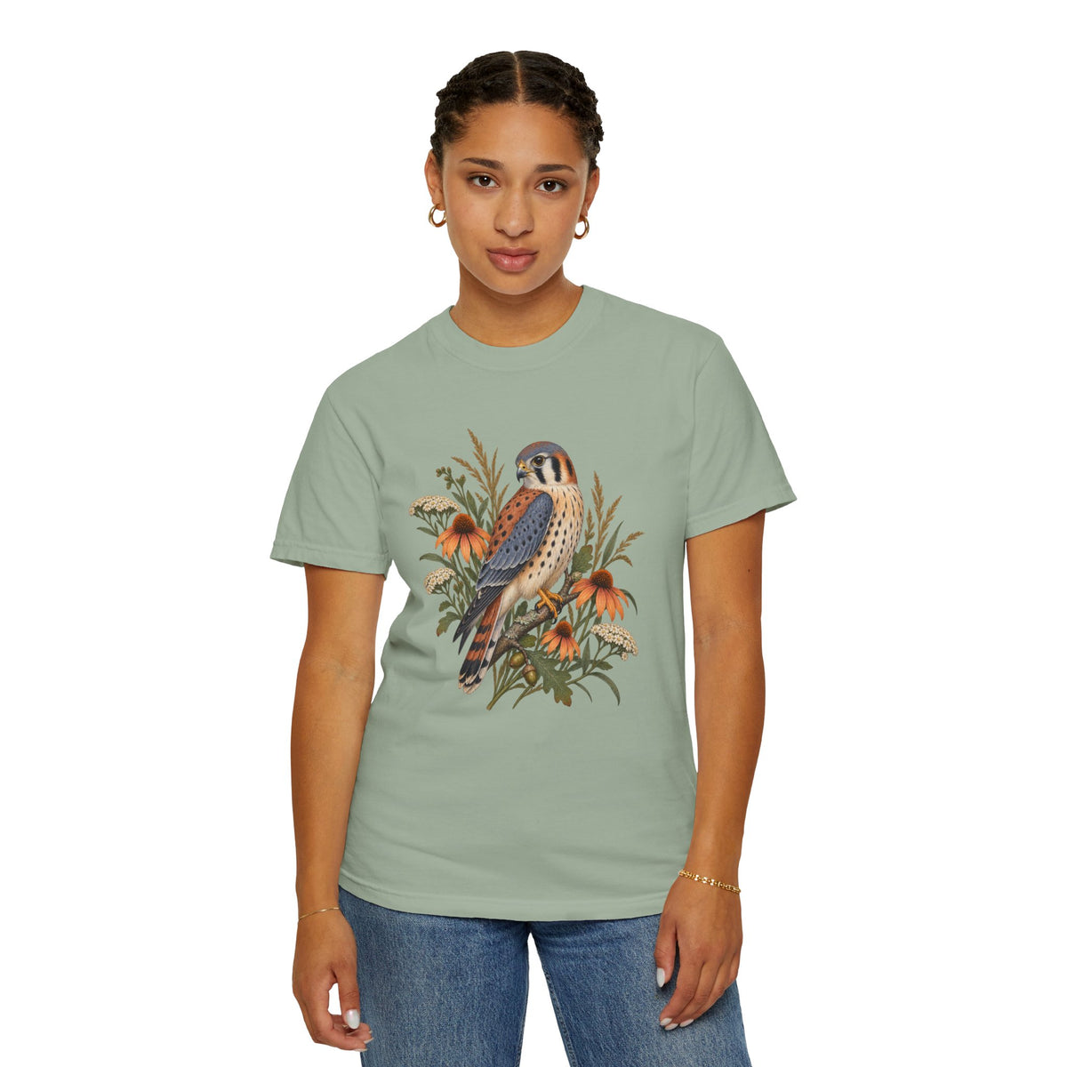 American Kestrel & Coneflower T-Shirt — Garment-Dyed Cotton