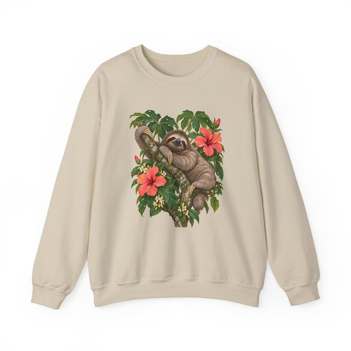 Taking My Sweet Time sweatshirt — a sloth resting on a mossy branch among coral hibiscus, cream blossoms and tropical leaves, on a unisex crewneck