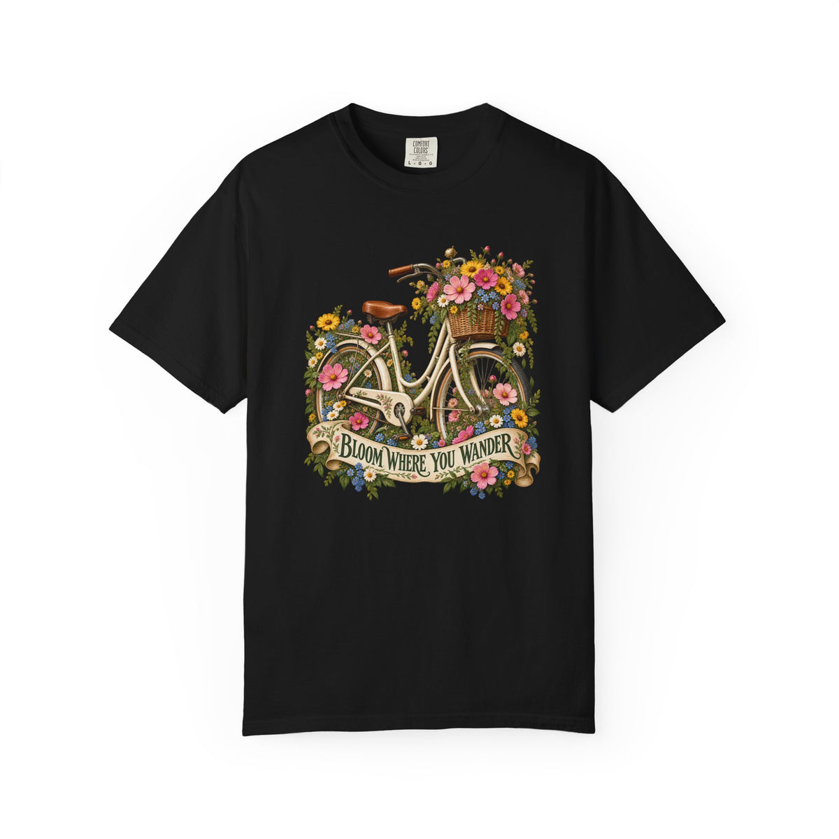 Bloom Where You Wander Floral Bicycle T-Shirt - a cream vintage bicycle in a drift of pink, yellow and blue wildflowers, with a banner reading Bloom Where You Wander