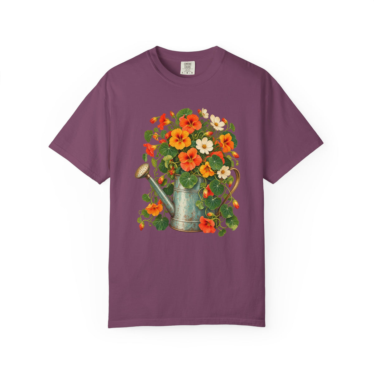 Vintage botanical nasturtium illustration on a garment-dyed Comfort Colors 1717 tee, relaxed unisex fit