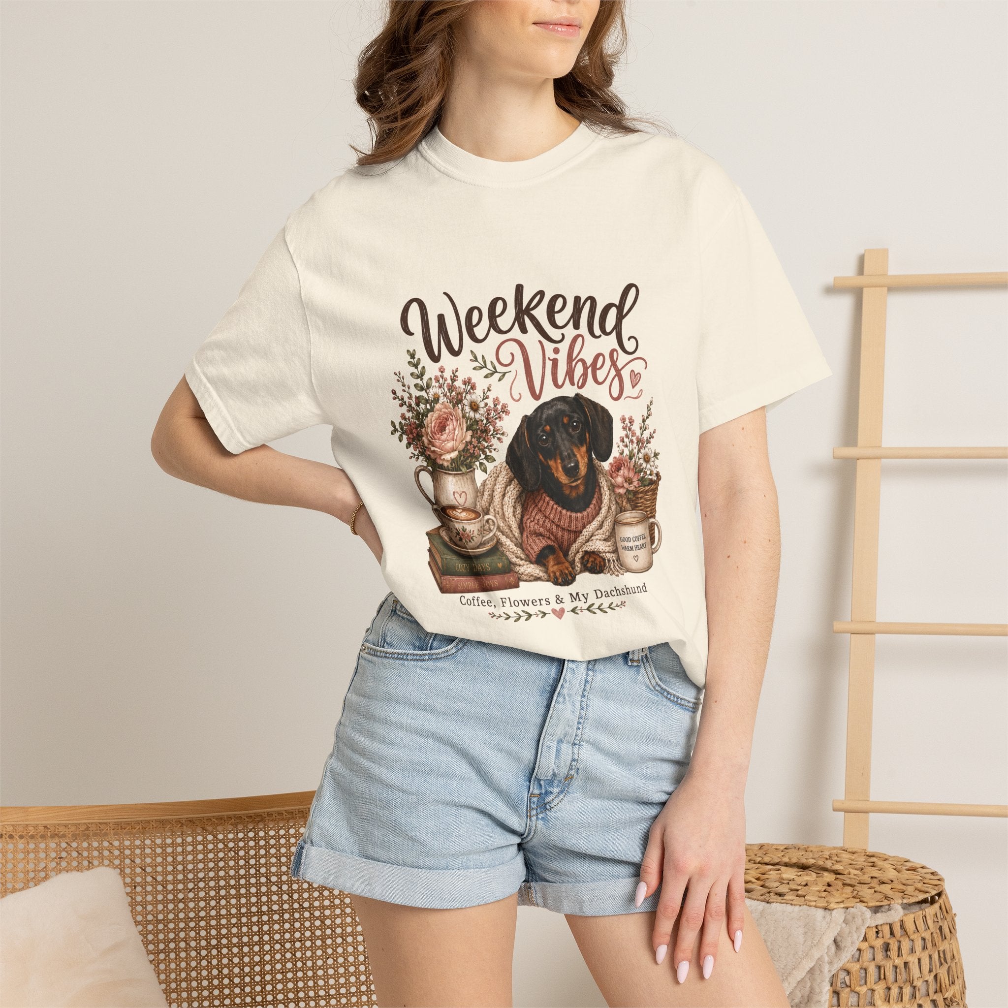 Weekend Vibes Dachshund Comfort Colors Shirt, Coffee Flowers Doxie Tee, Dachshund Mom Gift, Cozy Dog Shirt, Dog Lover Gift Her