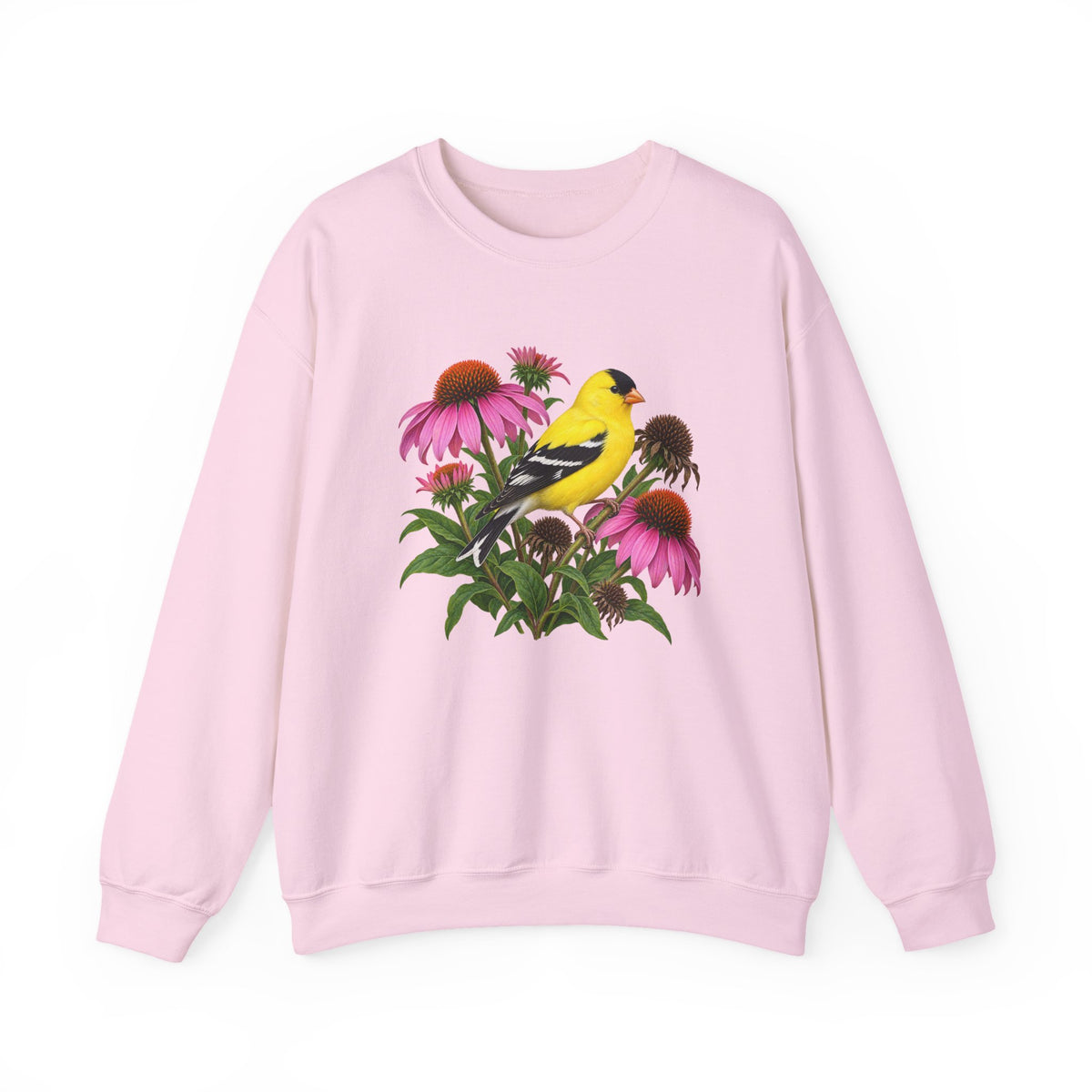 A Small Bright Thing crewneck sweatshirt, a golden-yellow American goldfinch among pink coneflowers, seed heads and green leaves, image 6 of 22