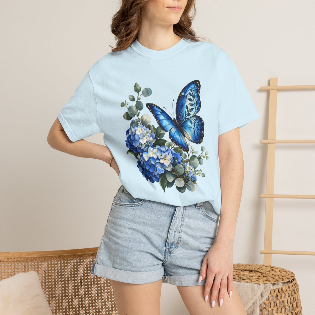 Blue Morpho & Hydrangea T-Shirt — Garment-Dyed Cotton