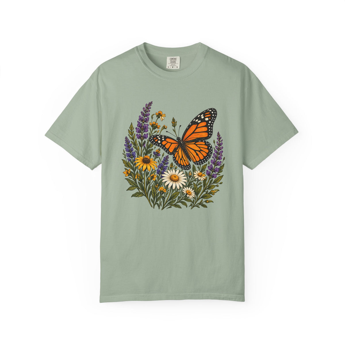 She Brought the Summer tee in Bay, a monarch and wildflower print on soft green