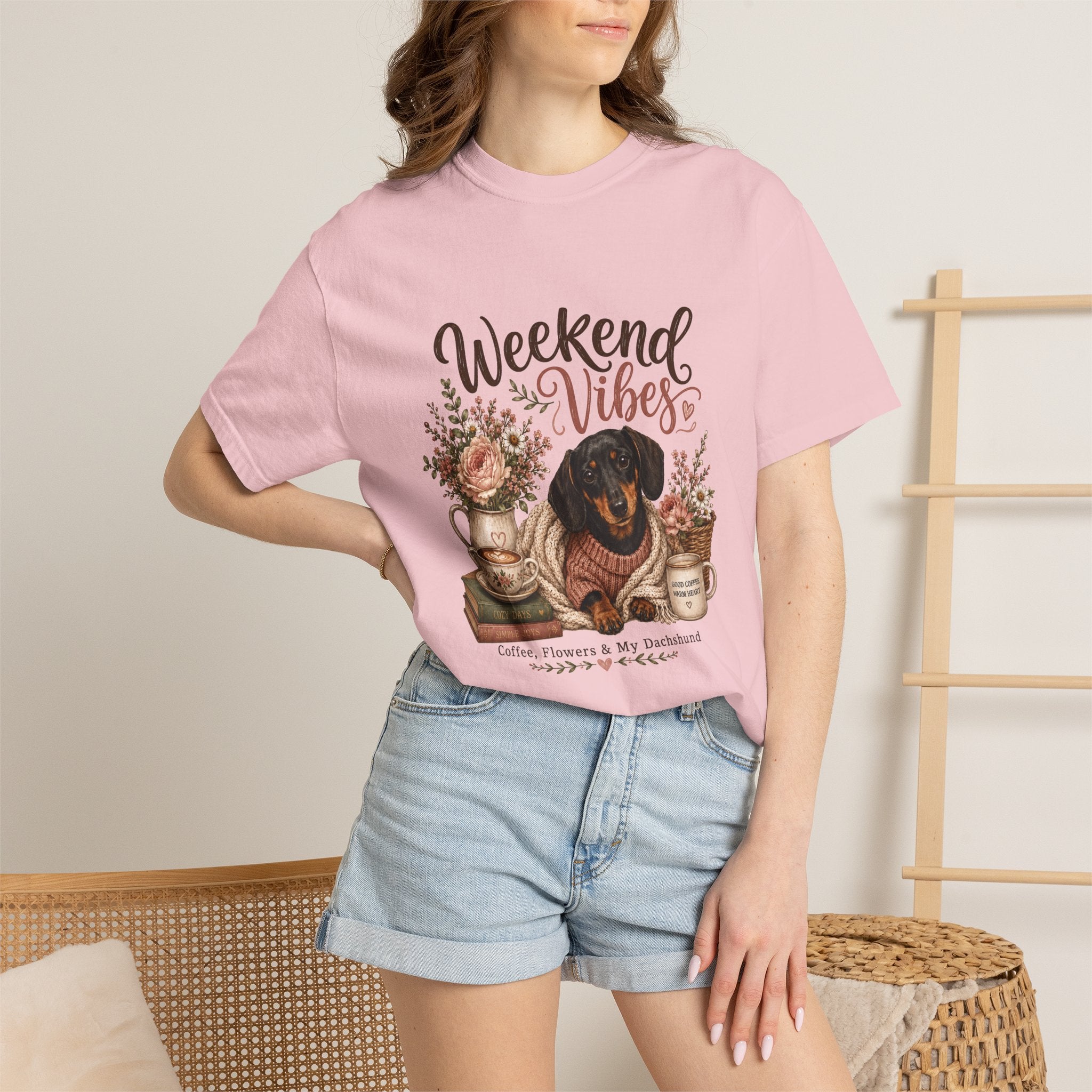 Weekend Vibes Dachshund Comfort Colors Shirt, Coffee Flowers Doxie Tee, Dachshund Mom Gift, Cozy Dog Shirt, Dog Lover Gift Her