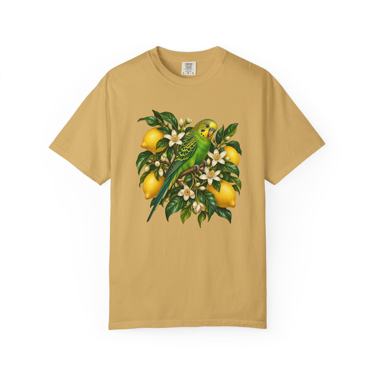 Lemon Tree and Budgie T-Shirt - ripe yellow lemons hanging around and below the perched bird in the front-centred print