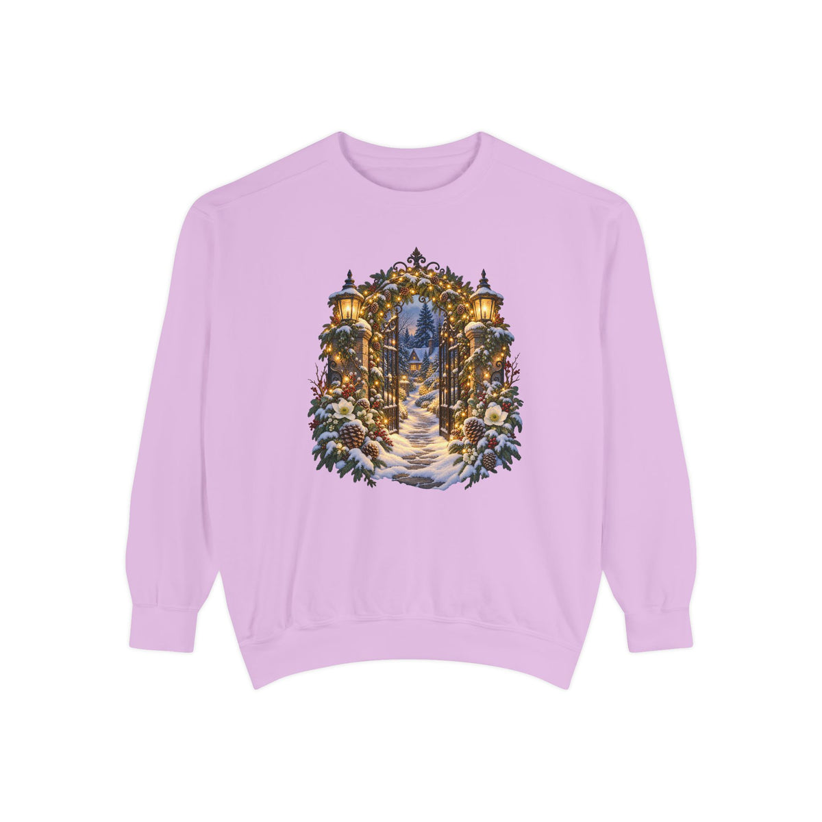 Christmas garden gate sweatshirt in Orchid, a light lavender garment-dyed Comfort Colors 1566 crewneck with a snowy lantern-lit garden gate