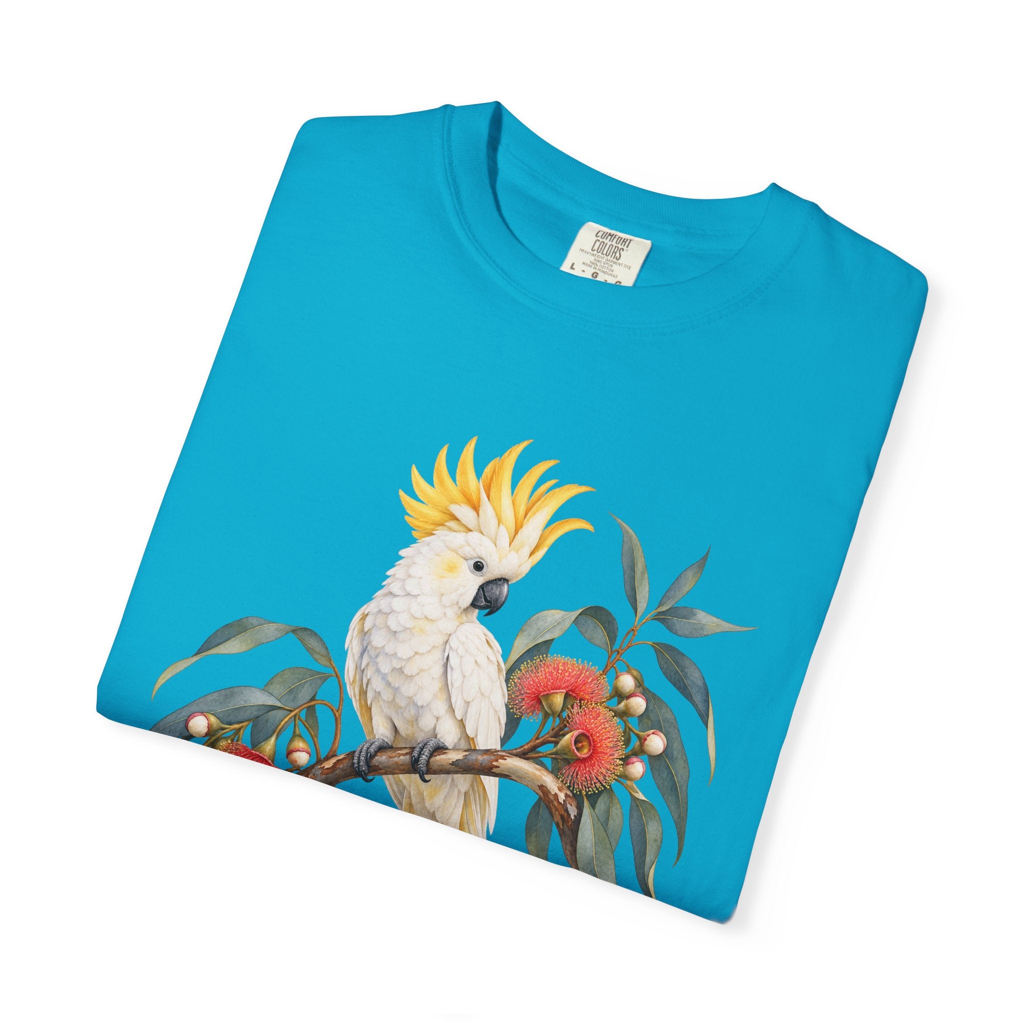 Cockatoo & Gum Blossom T-Shirt — artwork close-up on garment-dyed cotton