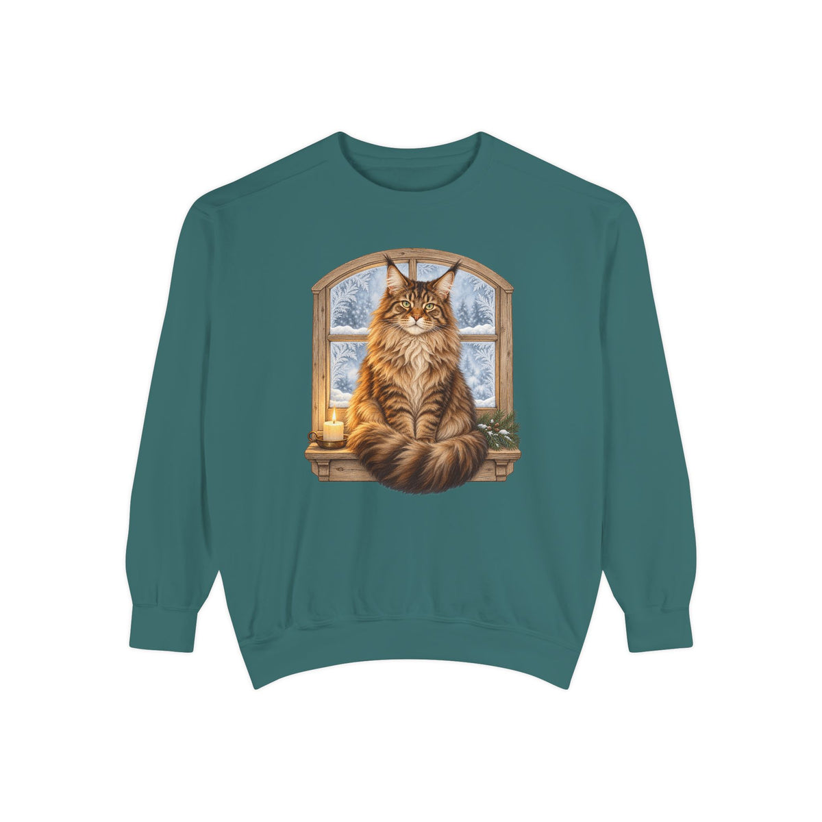 Maine Coon at the window sweatshirt in Blue Spruce, front view