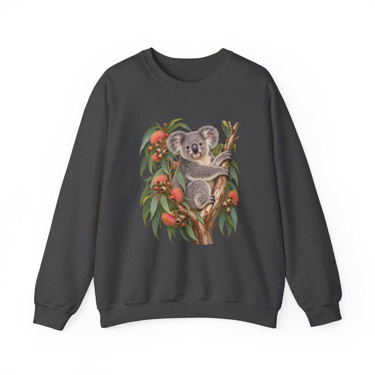 Booked for the Afternoon sweatshirt — a grey koala resting among eucalyptus leaves and coral-pink blossoms, on a unisex crewneck