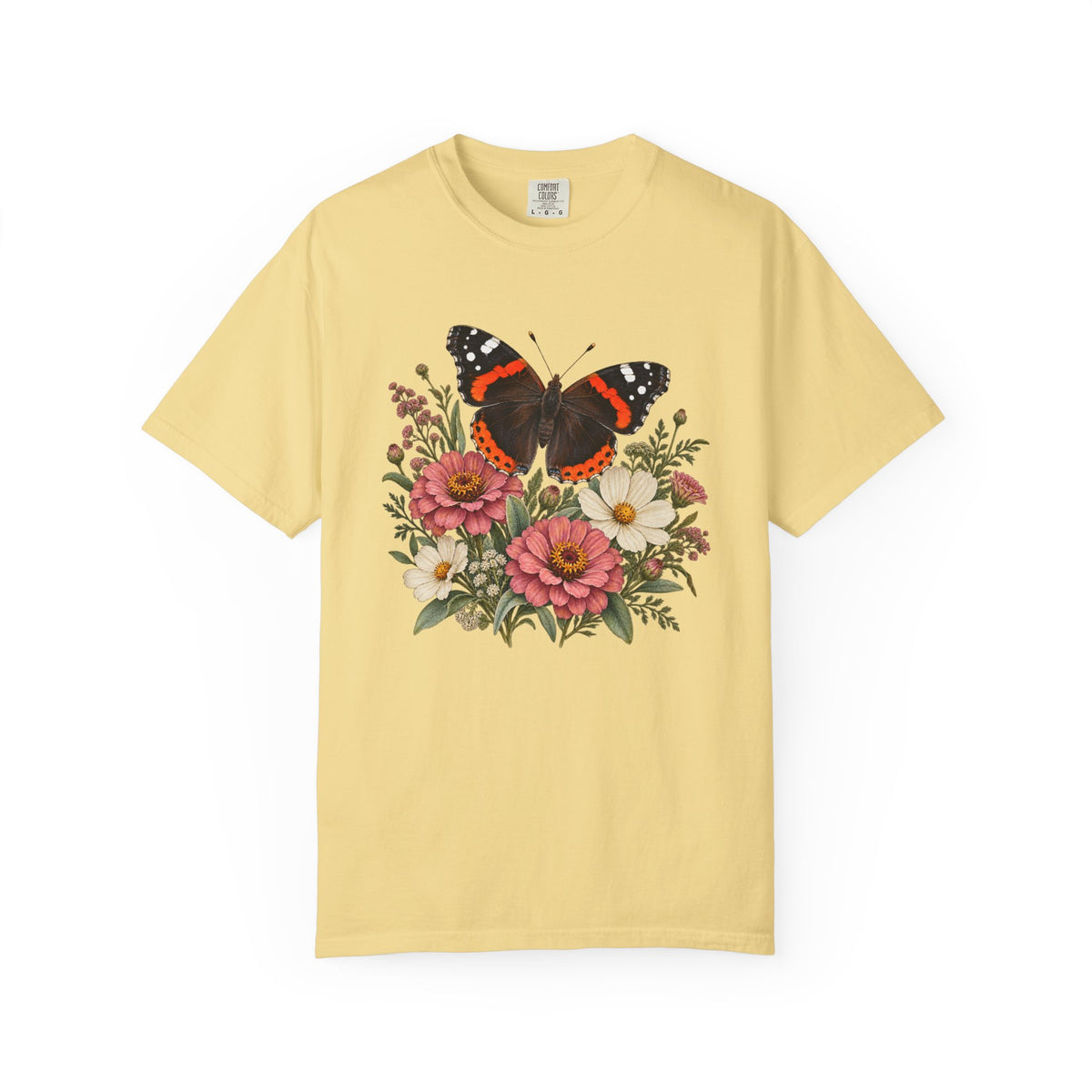 Red Admiral & Zinnia T-Shirt — Garment-Dyed Cotton
