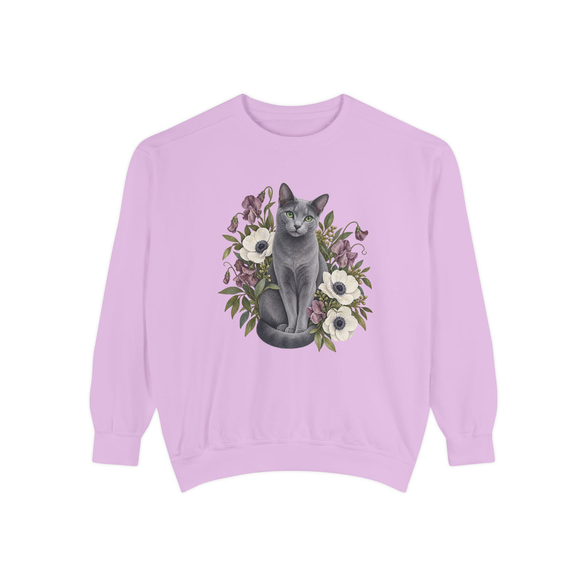 Russian Blue cat wildflower sweatshirt in Orchid, a light lavender garment-dyed Comfort Colors 1566 crewneck