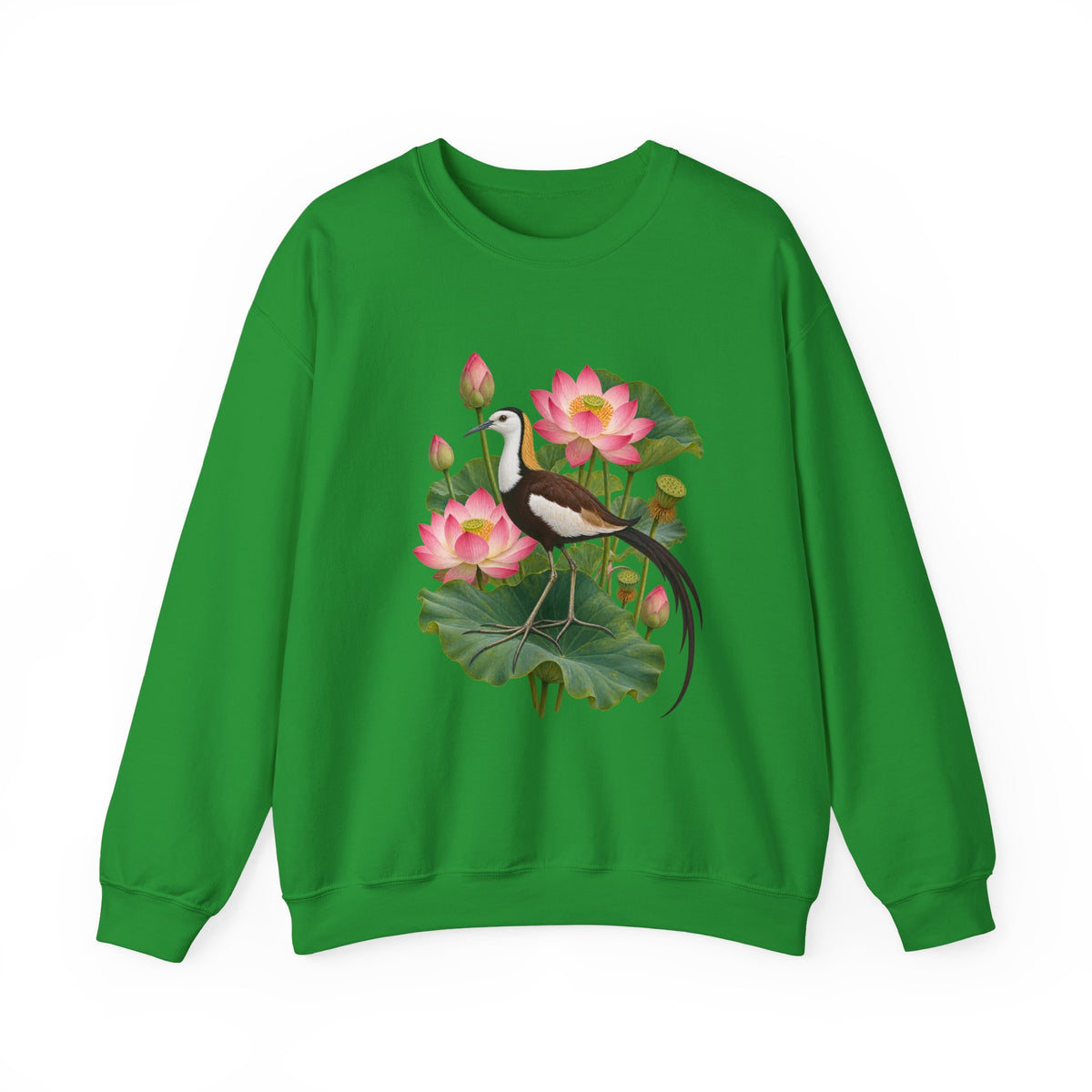Lightly, She Goes crewneck sweatshirt, a long-tailed waterbird among pink lotus blossoms, buds, seed pods and broad green leaves, image 4 of 28