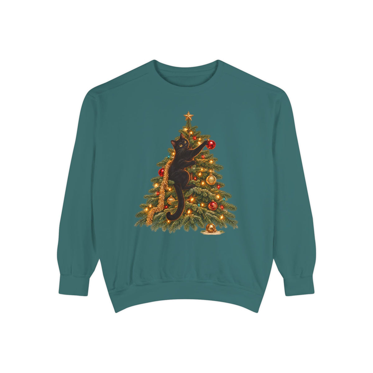Black cat Christmas sweatshirt in Blue Spruce – a black cat climbing a lit Christmas tree with a gold star, one paw on a red ornament, printed large on the chest of a Comfort Colors crewneck