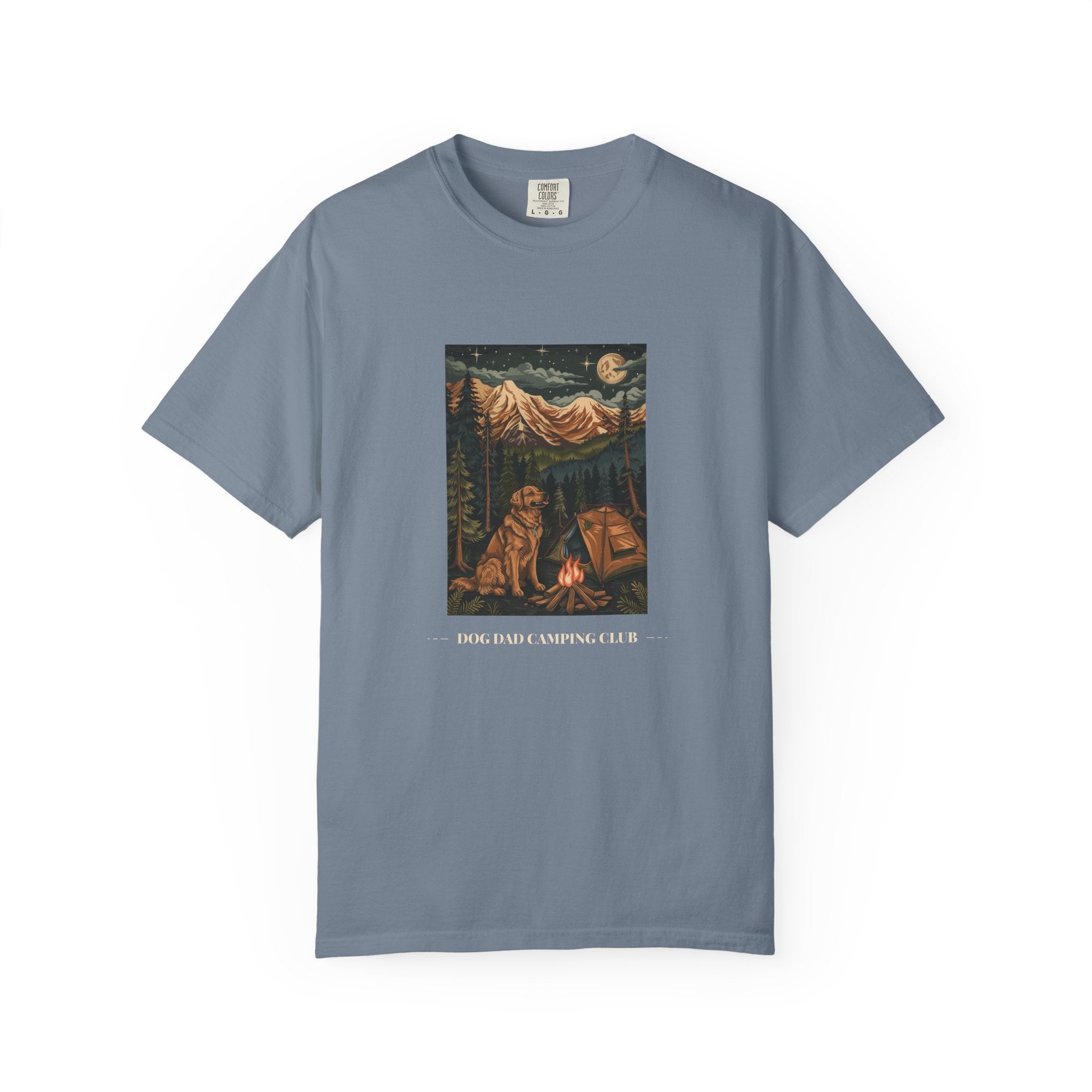 Dog Dad Camping Club campfire dog shirt on model