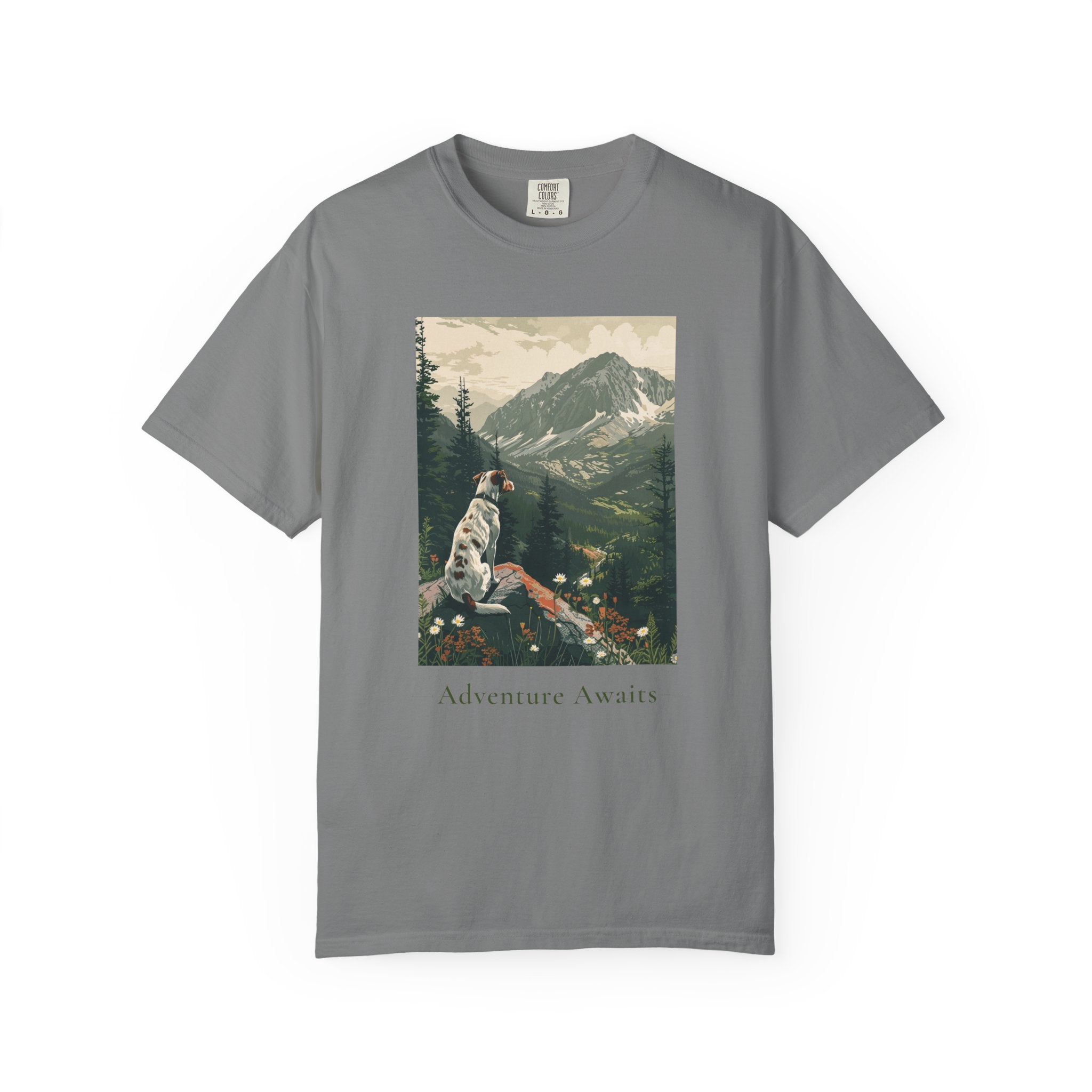Adventure Awaits trail dog shirt on model