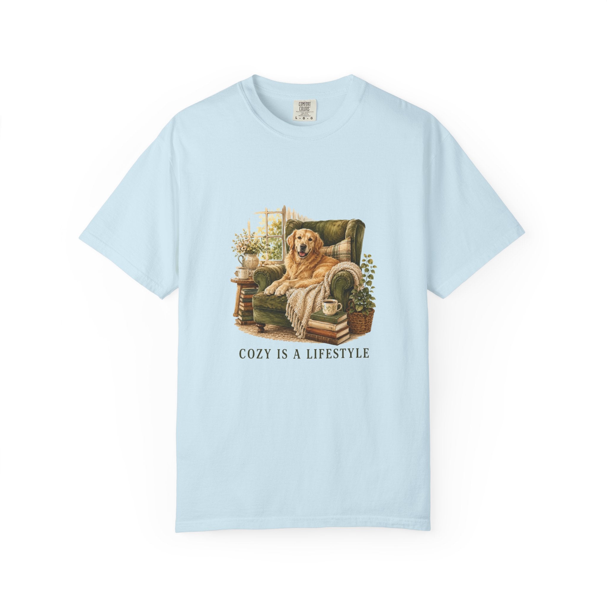 Cozy Is a Lifestyle dog on armchair shirt on model