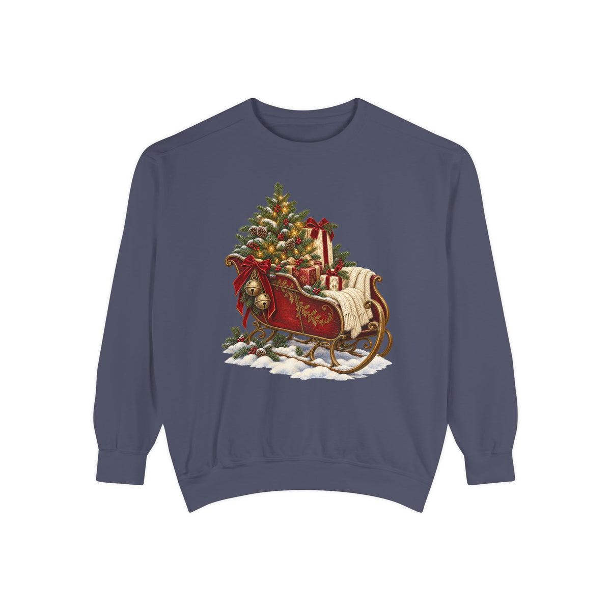 Vintage Christmas sleigh sweatshirt in Denim, front view