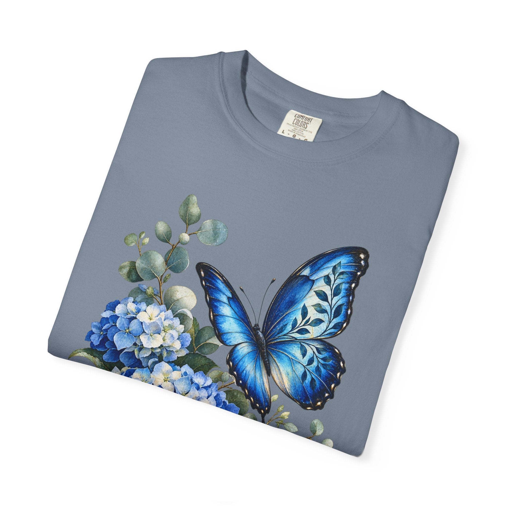 Blue Morpho & Hydrangea T-Shirt — Garment-Dyed Cotton