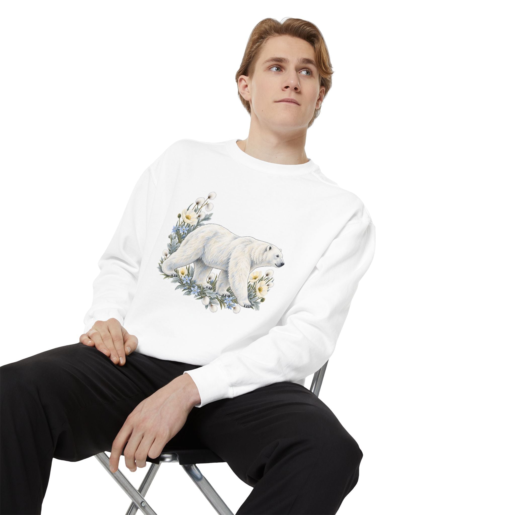 Polar Bear & Arctic Blooms Sweatshirt — Garment-Dyed Fleece