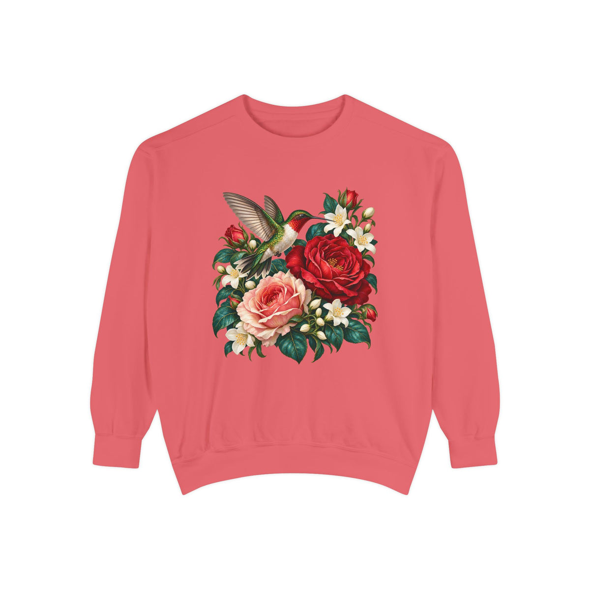 Vintage botanical illustration of a ruby-throated hummingbird with roses and jasmine, large front print on a crewneck sweatshirt
