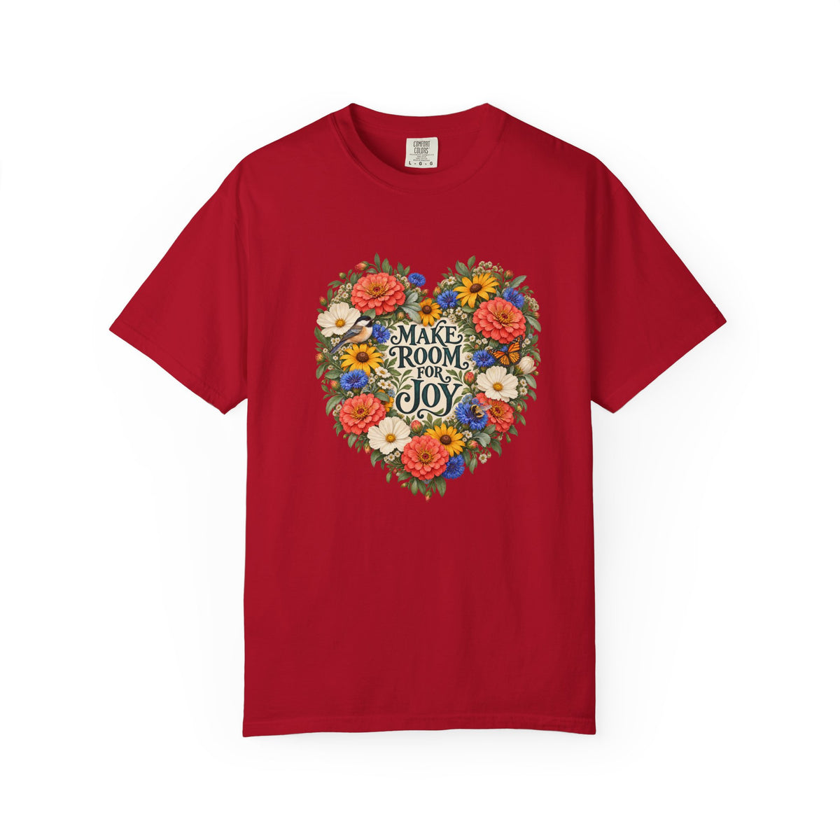 Make Room for Joy Floral T-Shirt - the whole Make Room for Joy design shown across the chest of the garment-dyed tee