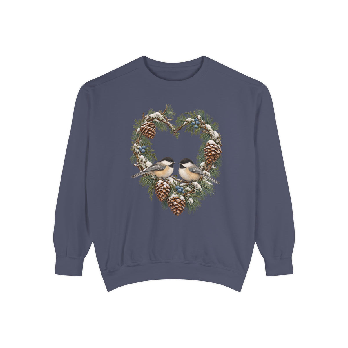 Chickadee heart wreath sweatshirt in Denim, front view