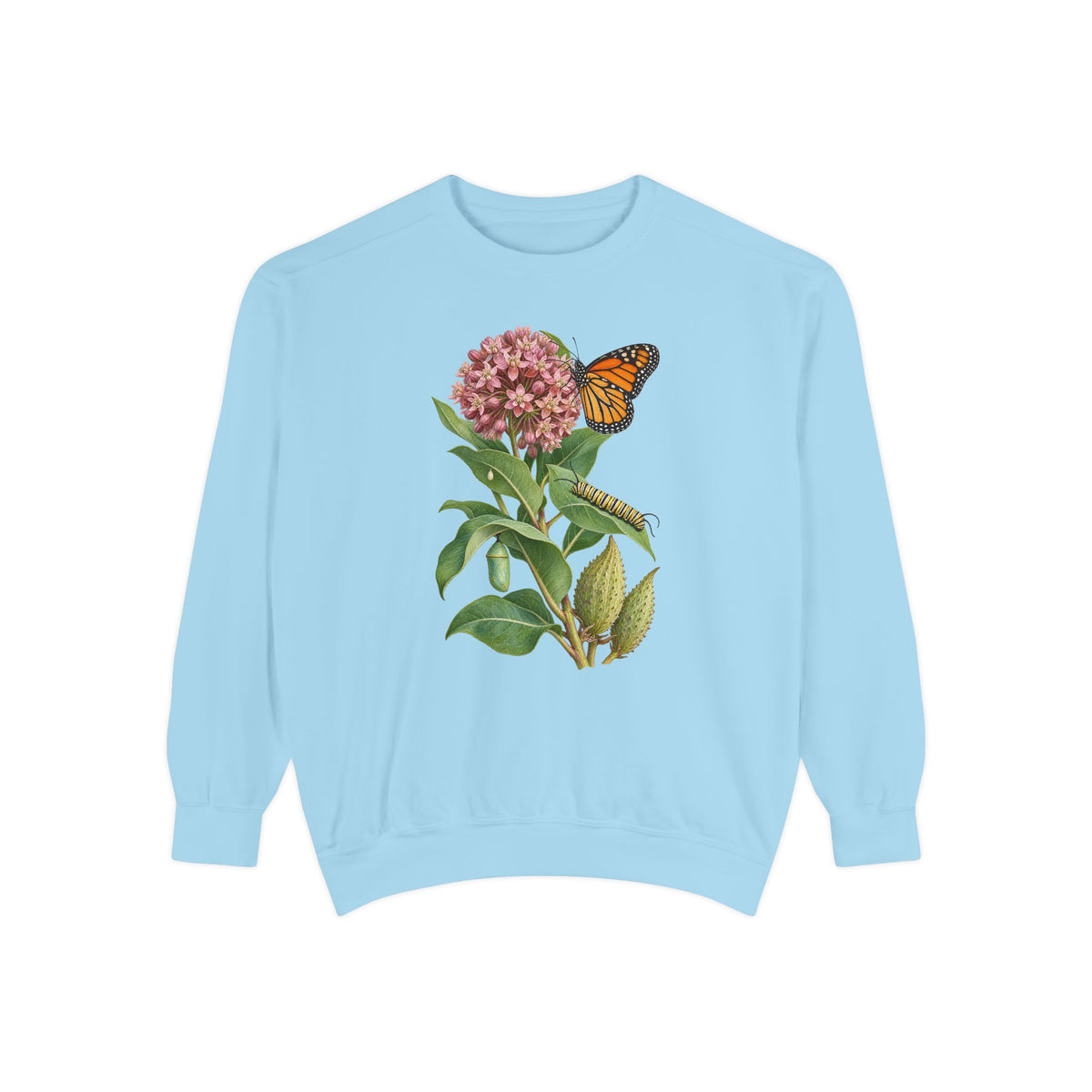 Milkweed and monarch life cycle sweatshirt in Chambray, front view