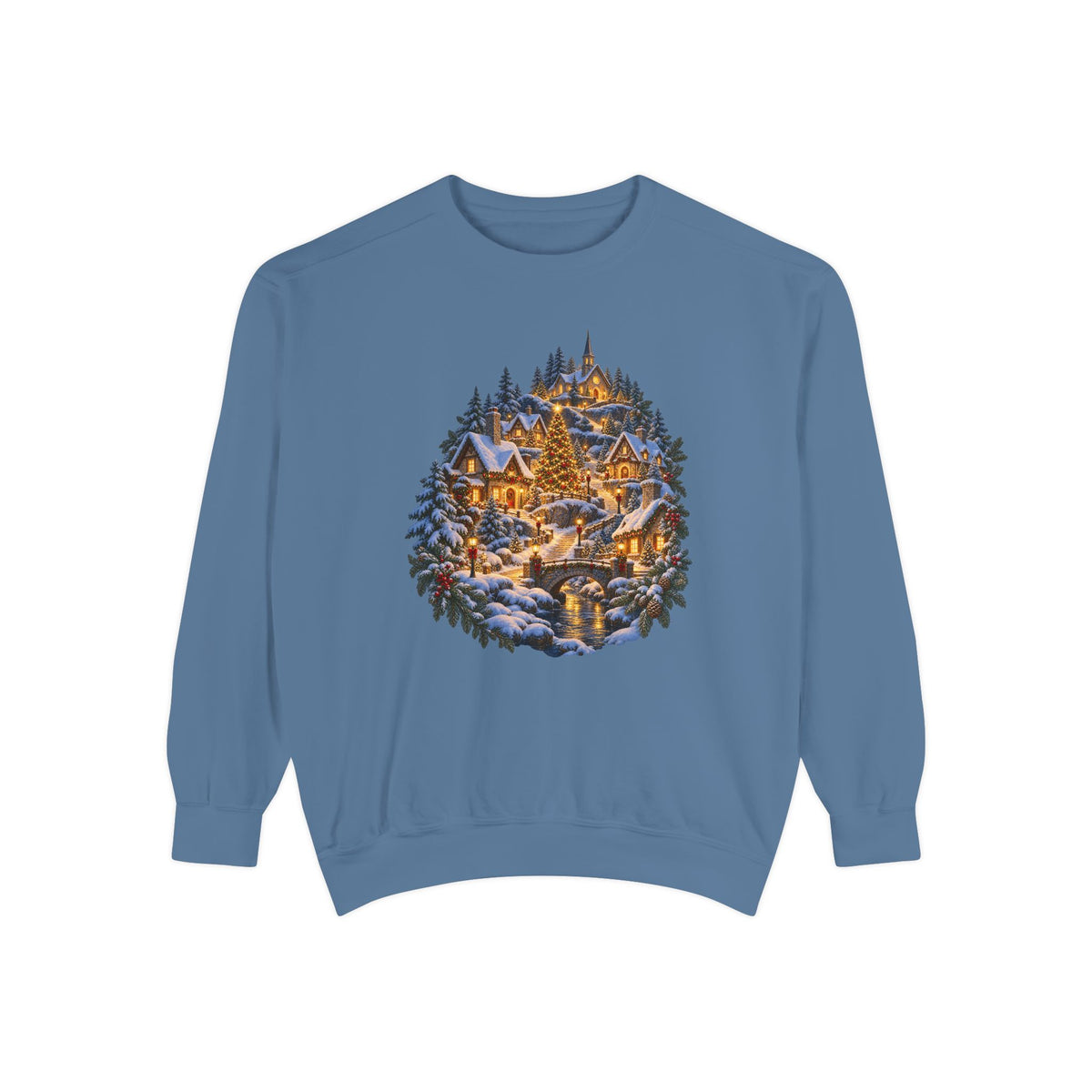 Small town Christmas sweatshirt in Blue Jean, a light washed denim garment-dyed Comfort Colors 1566 crewneck with a snowy hillside village and lit church