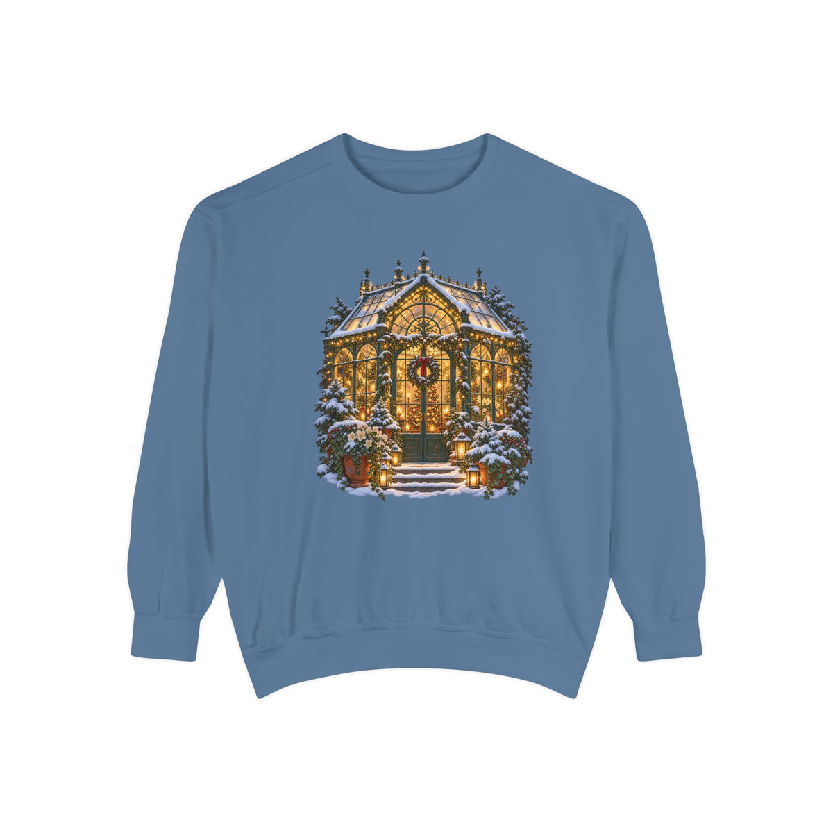 Christmas greenhouse sweatshirt in Blue Jean, a light washed denim garment-dyed Comfort Colors 1566 crewneck with a lit snowy conservatory