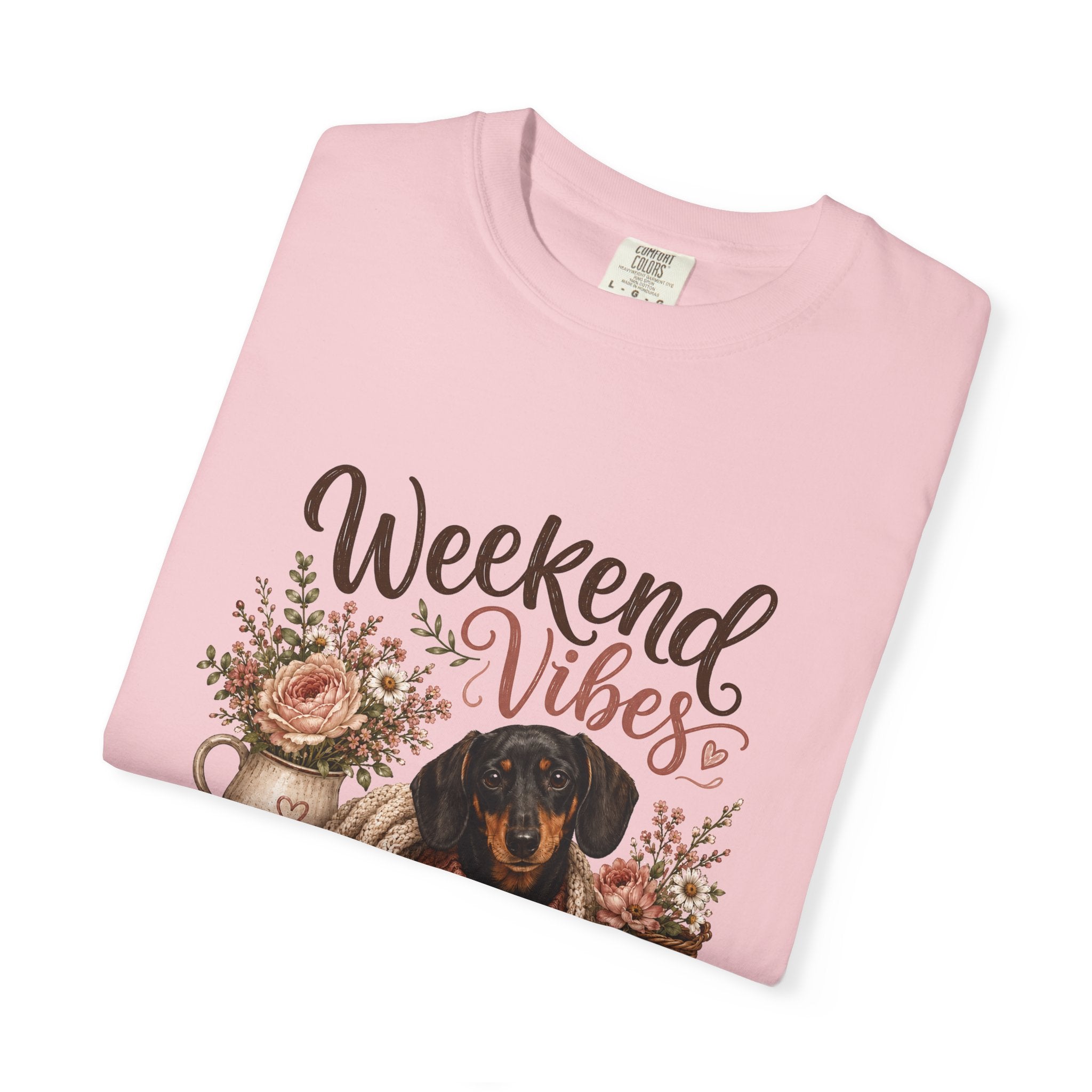Weekend Vibes Dachshund Comfort Colors Shirt, Coffee Flowers Doxie Tee, Dachshund Mom Gift, Cozy Dog Shirt, Dog Lover Gift Her