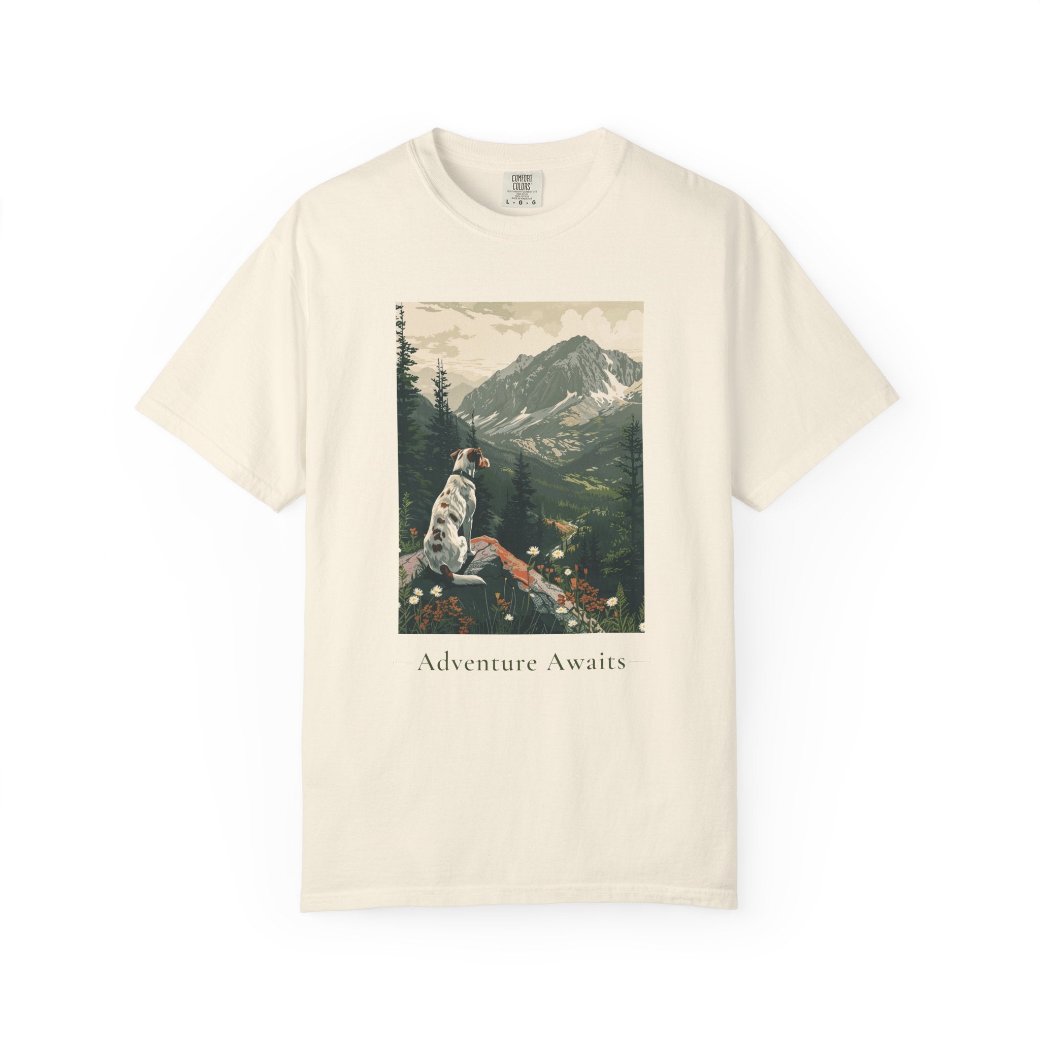 Adventure Awaits mountain dog shirt lifestyle mockup